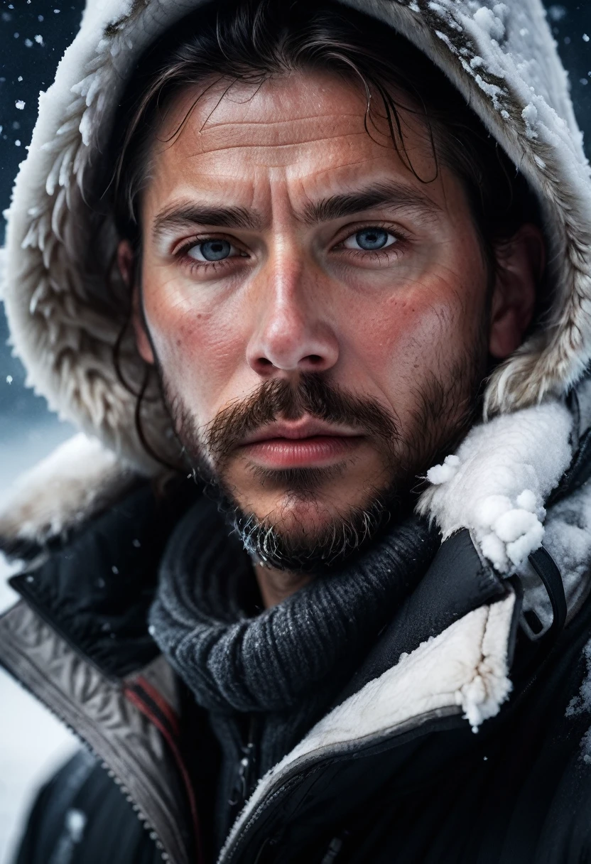Close-Up of Face, Extremely detailed cinematic film still photography of centered portrait of a Polar Explorers : snow, ice, blizzard, : frozen face and beard : arctic clothing : Insanely Detailed Mixed-Media Photography by jeremy mann, andree wallin, Dan Witz, Peter Gric, Francis Bacon, 4K, Hyperrealism, Masterpiece, Chiaroscuro"