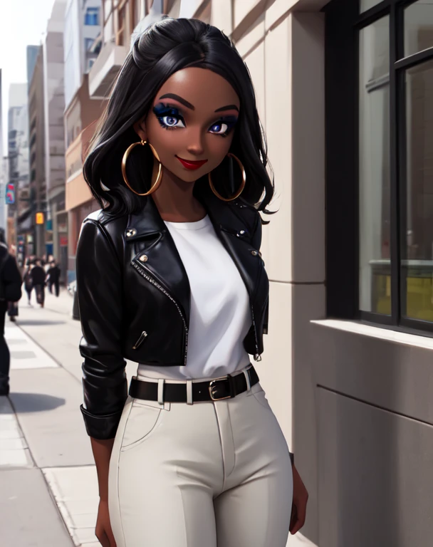 masterpiece, best quality, (Detailed face:1.2), (Detailed eyes:1.2), solo, 1girl, nessacasual, dark skin, makeup, smile, Opened black jacket, white undershirt, brown pants, belt, hoop earrings, black boots, outdoors, city street
