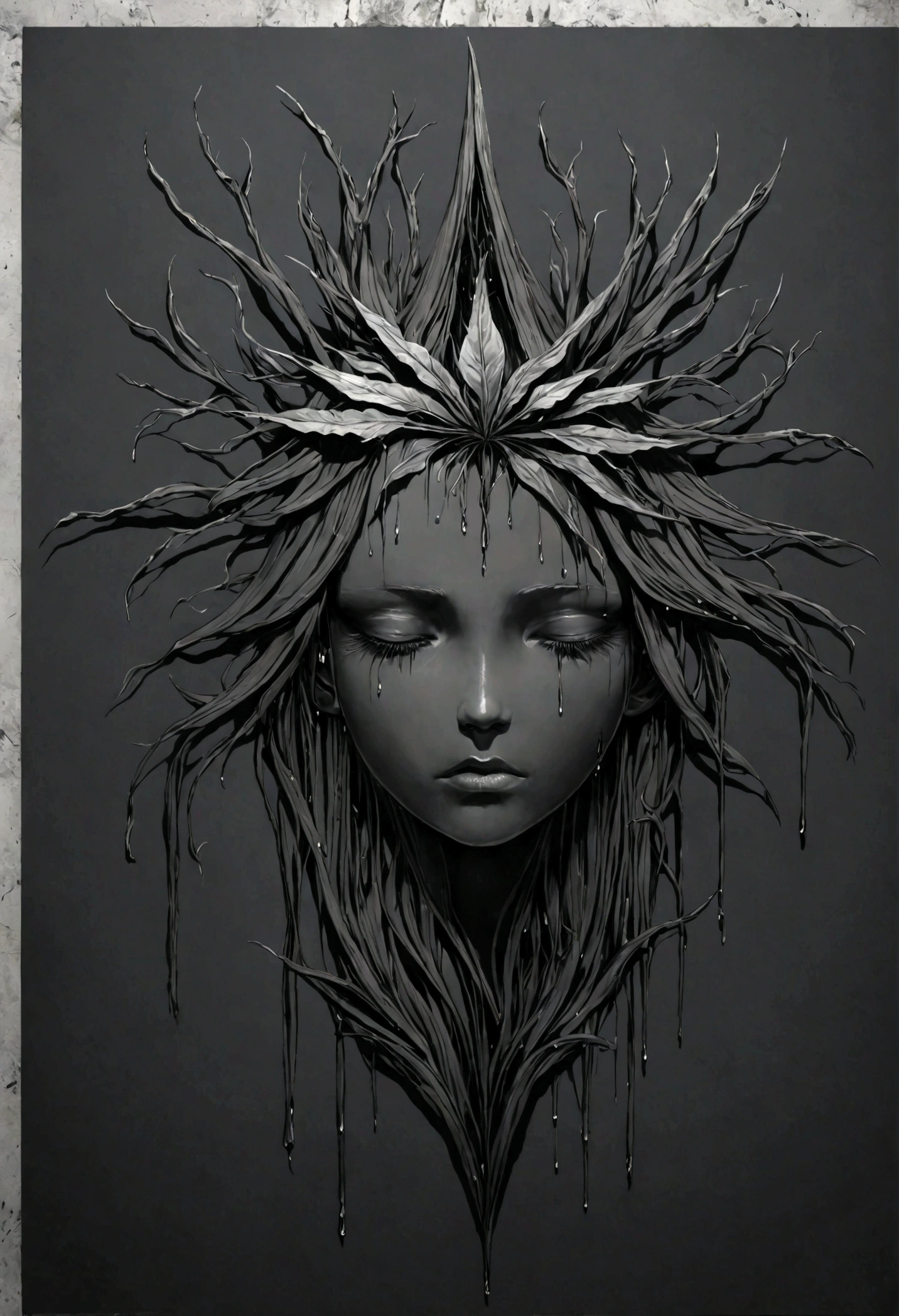 Create a simple and elegant plant witch logo,nature, shedding niobium tears. The design should convey a strong sense of sadness and melancholy, using a minimalist approach with clear ugly lines and using only deep matte black, nicola samori,ben templsmith,Irina Yermolova