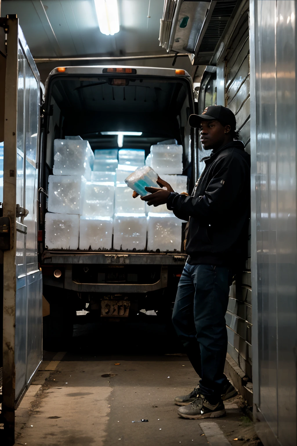 Black people on the African street feeling cold with a truck with a cold storage room filled with ice vapor