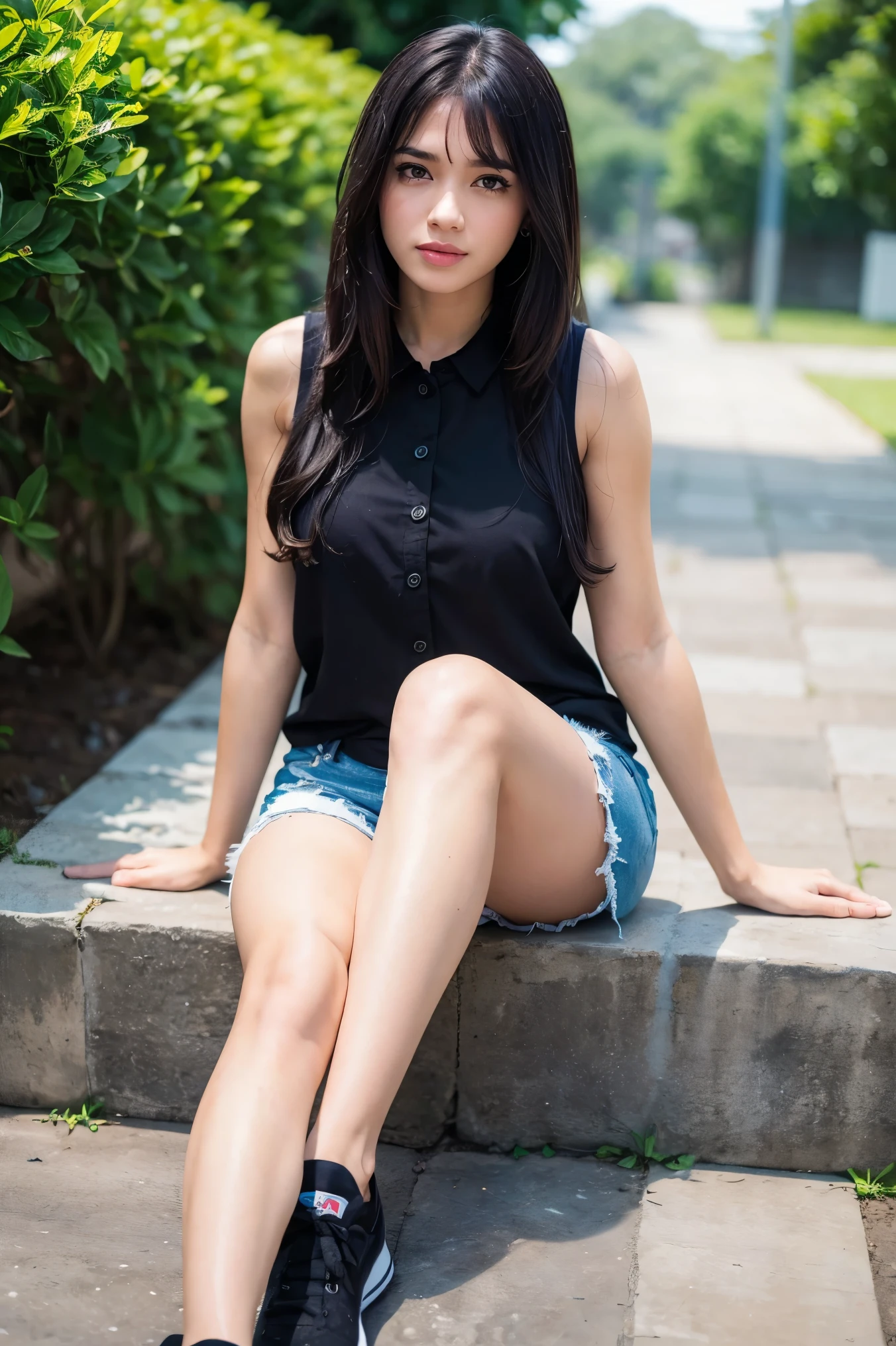 masterpiece, detailed image, highly detailed, 1girl, black_wavy_hair, long_hair, bangs, sleeveless_shirt , shorts, sneakers, sea