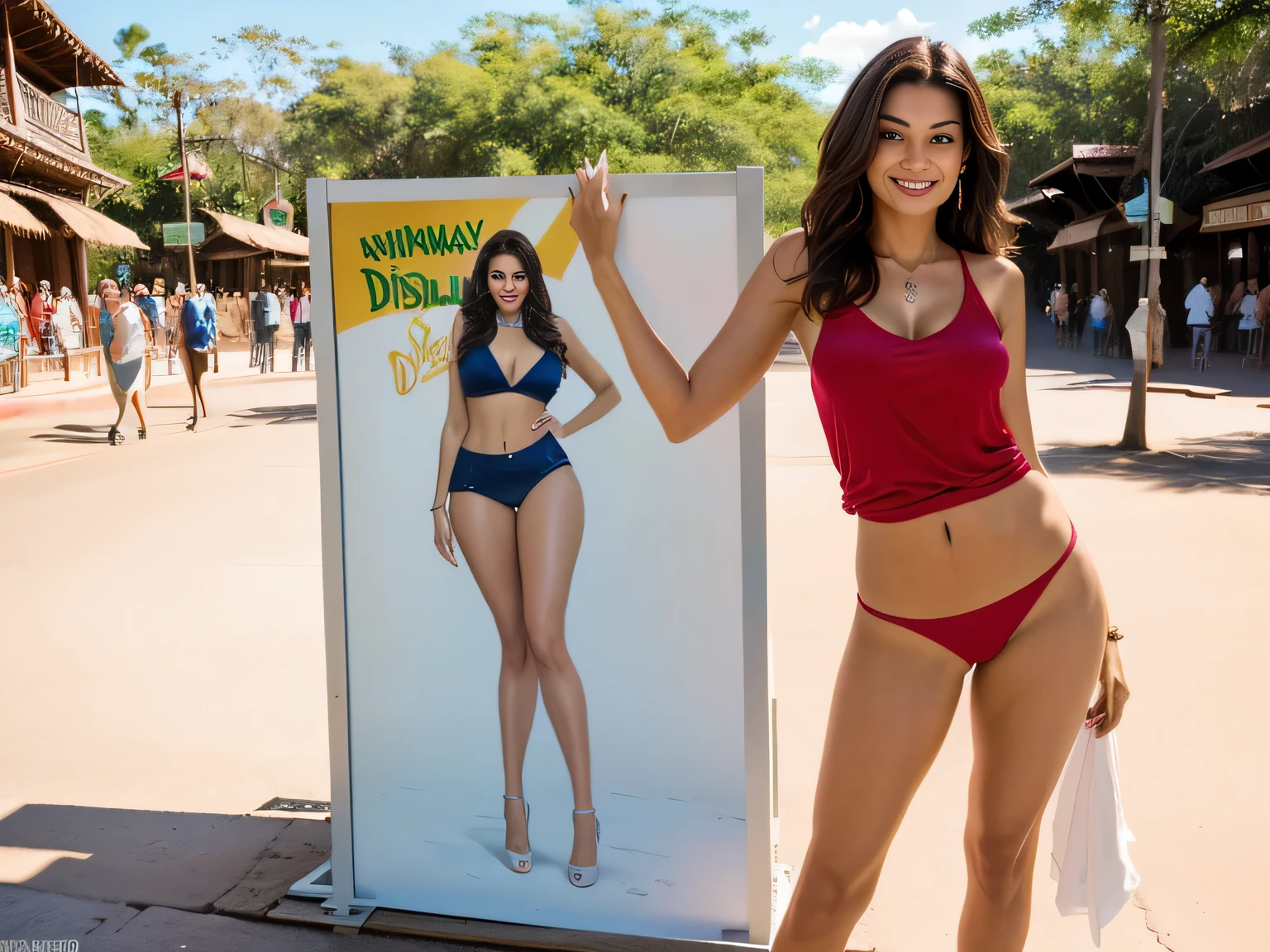 There is a beautiful Brazilian woman standing next to a sign that says welcome to Disney's Animal Kingdom, animal kingdom, having a great time, anna, full body photo, photo taken in 2016, at Disney, Animal Kingdom, full body photo full body, full body photo, full body - frontal photo
The Brazilian is wearing formal clothes, a red tank top and dark blue shorts.
A beautiful Brazilian woman, with white skin, dark brown hair. She is about 45 years old, 165 cm tall and weighs 56 kg. Her body exudes glamor and her face is a definition of beauty. Slender body, thin waist. Highly realistic, hyperrealism, very elaborate skin. Clear photo, high resolution, high quality, masterpiece, 16K photo, high contrast, masterpiece, NUDE, NUDITY, NFSW.