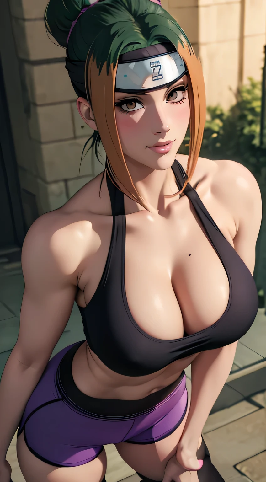 (best quality:1.3), (4k quality),(sharp image), Pakura, ((Detailed face)), ((masterpiece face)),((perfect detailed eyes)) (blush), Pakura, green hair with brown, tied hair, brown eyes, pink lips, pink lips, sly face, face with stern features, ((detailed face)), perfect face, highly detailed eyes, masterpiece, absurdres , (intricate details), (colorful),cinematic lighting, extremely detailed CG unity 8k wallpaper , 1girl, solo, mature female, erected tits, fit body, cameltoe, headband, (((black tight top, violet tight  shorts))), (tricky glance, wicked smile), fit slim body, gym , ((perfect small erected breast)), standing in seductive pose and touching her tits
