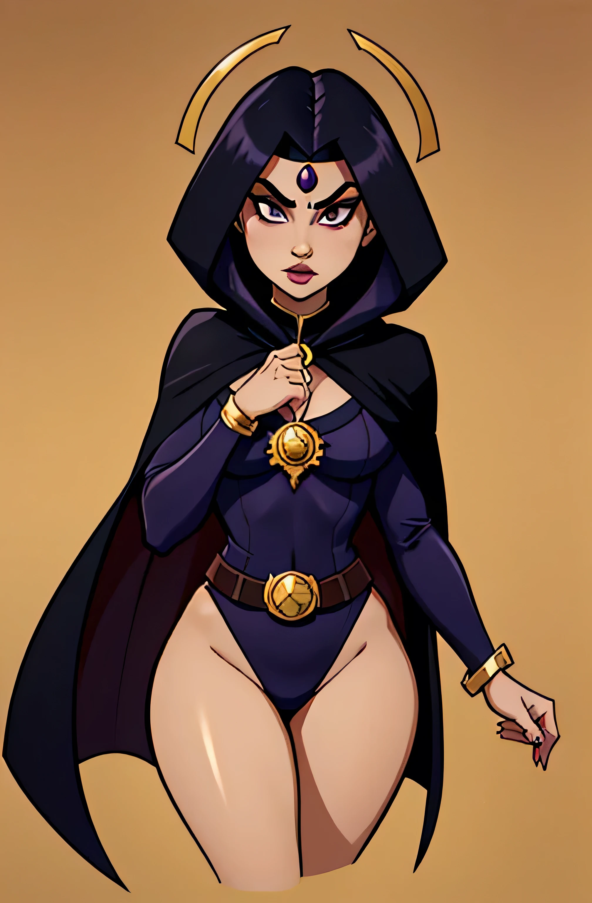 Raven keeps a dark and mysterious appearance throughout the series. But actually, she is a very beautiful girl: she is very slender, with pale, grayish-white skin; violet eyes; and somewhat thick eyebrows. She has straight, angled, violet hair and a prominent widow's peak. She also has a red gemstone outlined in black located in the center of her forehead (or her "Ajna chakra", as Blackfire puts it). Raven, being half-demon, has used her demonic appearances on several occasions, though often the use of her demon form causes her to lose control. When Raven is in her 'demonic' state, a second pair of eyes appear where her eyebrows are.

Her superhero outfit primarily consists of her favorite color, navy blue. She usually wears a hooded navy-blue cloak, matching ruffled ankle-boots with grayish-black soles, and a long-sleeve dark navy-blue legless leotard with regular navy-blue cuffs. Her cloak is decorated with a round, crimson jewel (similar to a brooch), which helps keep the cloak shut. It covers her T-communicator and it is fixed to beep/glow when there is trouble, as seen in some episodes. Occasionally, the silhouette of a raven head appears inside the jewel. She also wears a thin, gold belt with decorated with several of the same type of jewel.