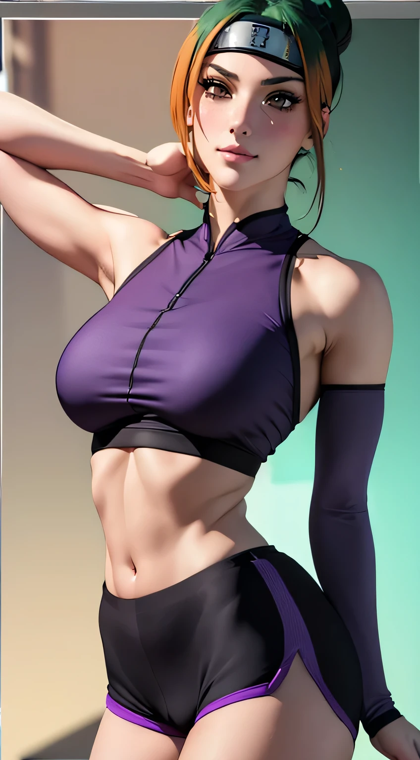 (best quality:1.3), (4k quality),(sharp image), Pakura, ((Detailed face)), ((masterpiece face)),((perfect detailed eyes)) (blush), Pakura, green hair with brown, tied hair, brown eyes, pink lips, pink lips, sly face, face with stern features, ((detailed face)), perfect face, highly detailed eyes, masterpiece, absurdres , (intricate details), (colorful),cinematic lighting, extremely detailed CG unity 8k wallpaper , 1girl, solo, mature female, erected tits, fit body, cameltoe, headband, (((black tight top, violet tight  shorts))), (tricky glance, wicked smile), fit slim body, gym , ((perfect small erected breast)), standing in seductive pose and touching her tits