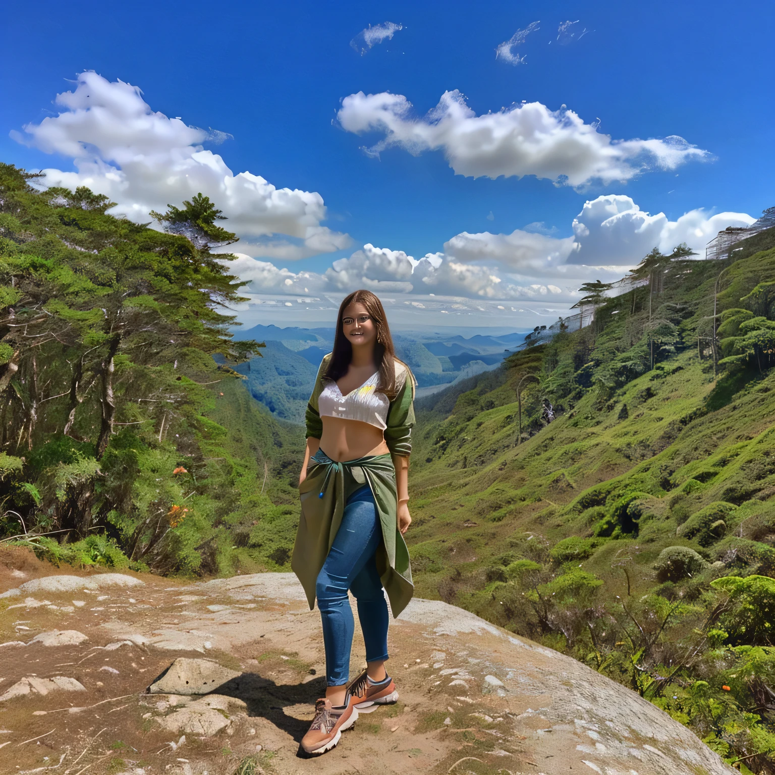 22-year-old woman, Brazilian, beautiful, round face, brunette, straight hair, parada em cima de uma pedra no meio de uma floresta, no topo de uma montanha, no topo de uma montanha, nas montanhas, na frente de um fundo de floresta, standing no topo de uma montanha, sentado lindamente em uma montanha, no topo de uma montanha, parado no topo de uma montanha, roupas de caminhada, com montanhas ao fundo