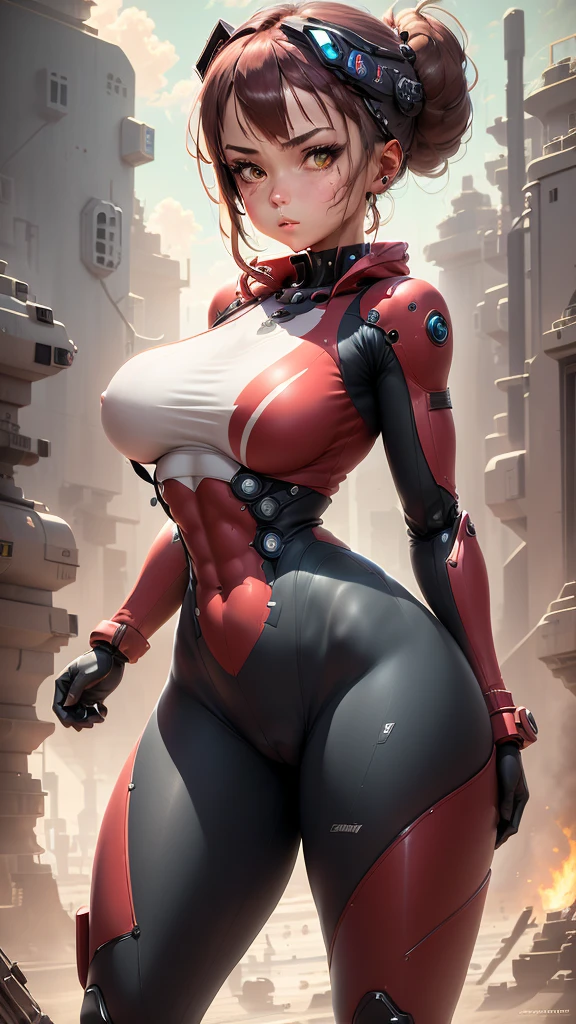 (((1girl, solo))), big breast, abs, in combat, Background: Battlefield urban area, mecha musume, headgear, mechanical arms, bodysuit,robot tight suit, all focus, Raijin