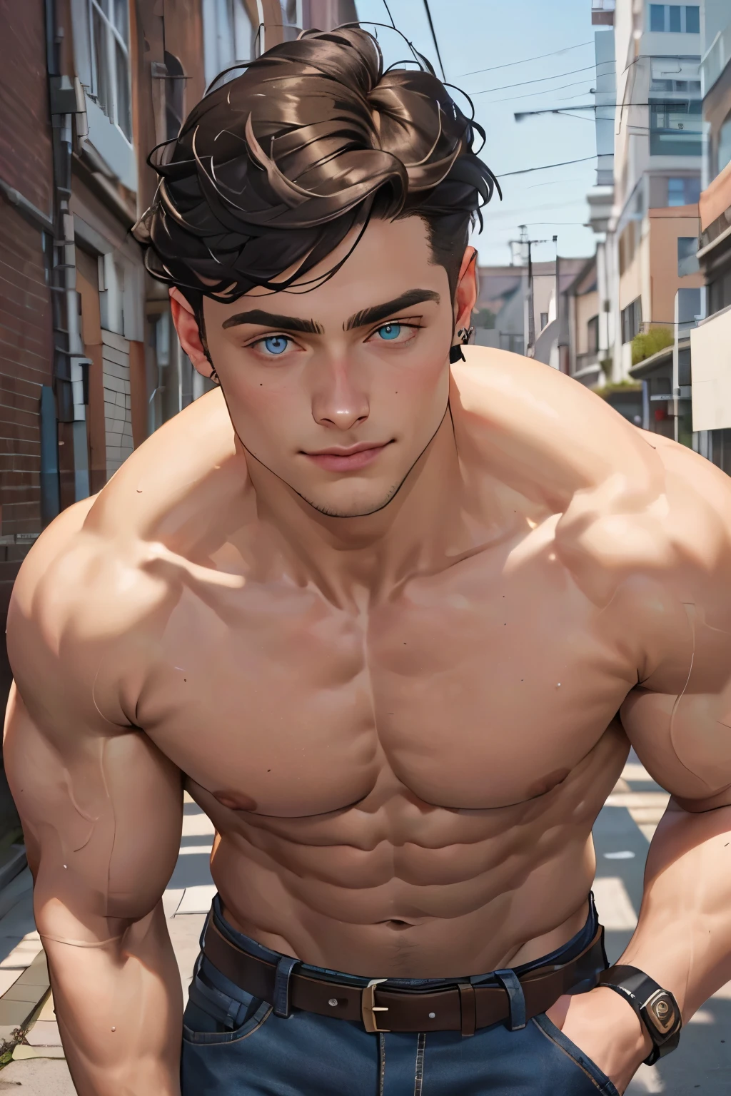 ((the best quality)), ((Masterpiece)), (details), perfect face, high definition, Masterpiece,4k,details clearly, Handsome face, white skin, perfect body, male body, strong muscles, abdomen, blue eyes, white skin, The most handsome man in the world, handsome, The coolest face, Male characters, close image (1man, shirtless), young man, mischievous smile, Extremely muscular tall man, open your eyes ((detailed eyes)), huge, muscular body and Massive, bulging pecs, muscular abs, narrow waist, short hair, blue eyes, delicate big eyes, carefree expression, clear face, handsome (detailed face, perfect face) ((extremely realistic shadows, bodybuilding posture, human, ((22-year-old young man)), V shape, athletic pants, athletic, Shirtless, Sunlight, City, lower pants, topless, close up look, CG sense, Textured skin, the best quality, Storytelling images, lower your pants, show Panty line, Show your abs, show arm muscle, Black hair, shining blue eyes, eyes contact, high school jeans, green plum bob, leather belt, 
bracelets, rings