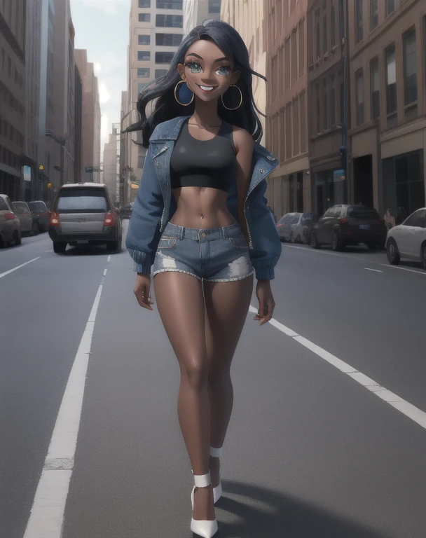 masterpiece, best quality, solo, 1girl, nessacasual, dark skin, makeup, smile, looking at viewer, standing, opened blue jacket, black tank-top, ((midriff)), denim short-shorts, hoop earrings, white high-heels, walking, full body, outdoors, city street
