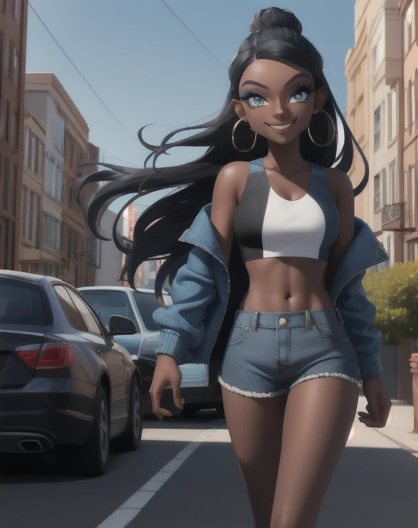 masterpiece, best quality, solo, 1girl, nessacasual, dark skin, makeup, smile, looking at viewer, standing, opened blue jacket, black tank-top, ((midriff)), denim short-shorts, hoop earrings, white high-heels, walking, outdoors, city street