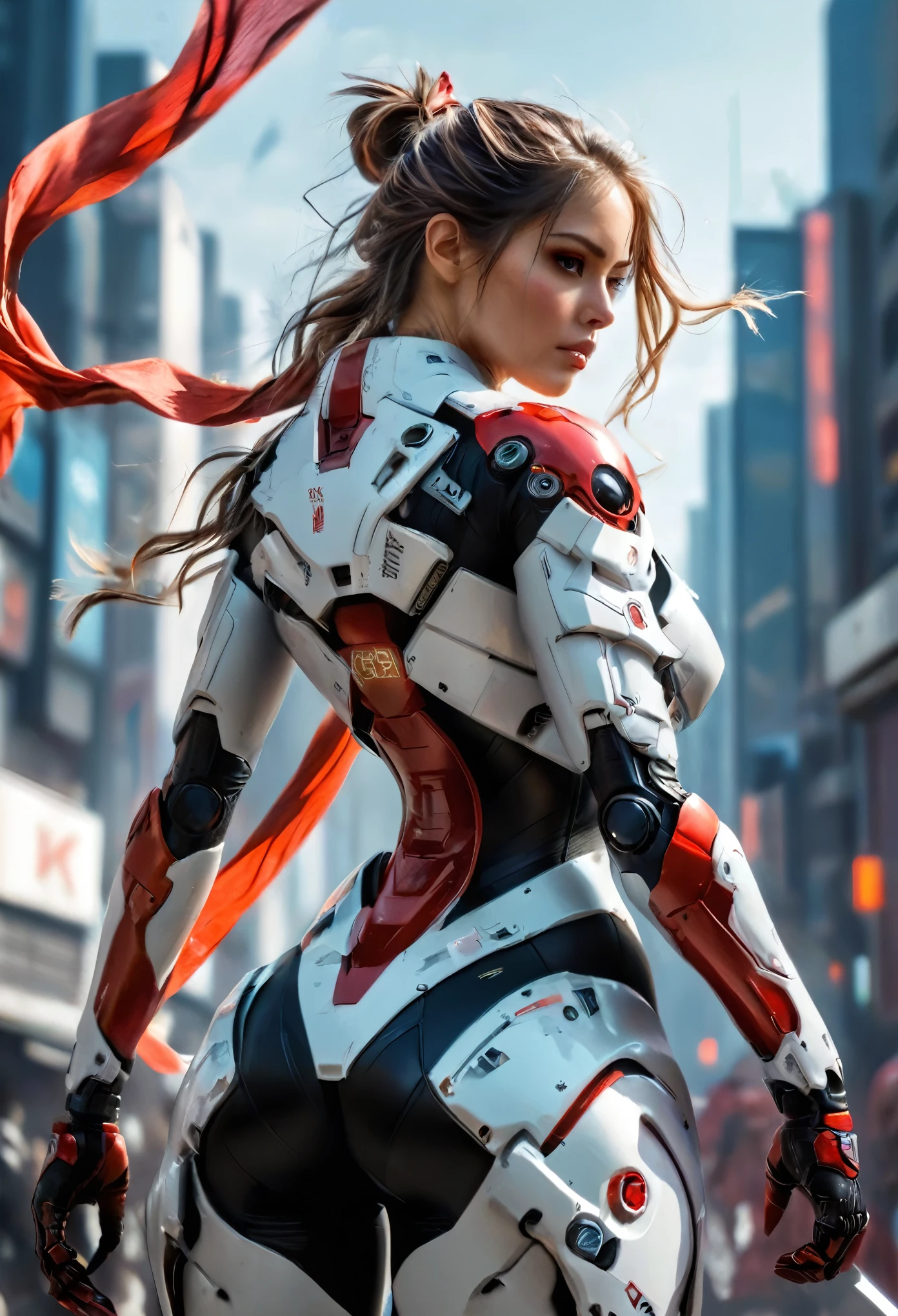 (best quality,4k,8k,highres,masterpiece:1.2),ultra-detailed,(Ultra-realistic, photorealistic,photo-realistic:1.37), a deadly ninja woman in a powerful mech suit, heavy AWP rifle on her back, digital SLR camera, light tracing, 3d, concept art, action painting, cinematic lighting, chiaroscuro, (1.3) emphasizing the curves of her body, long graceful white ponytail, (0.5) hints of violence and horror, a long red scarf flowing in the wind, a war-torn city in the background, 8k resolution, beautiful face, high nose, iridescent eyes, Matte Black, Metallic gray, (NSFW:1.2)