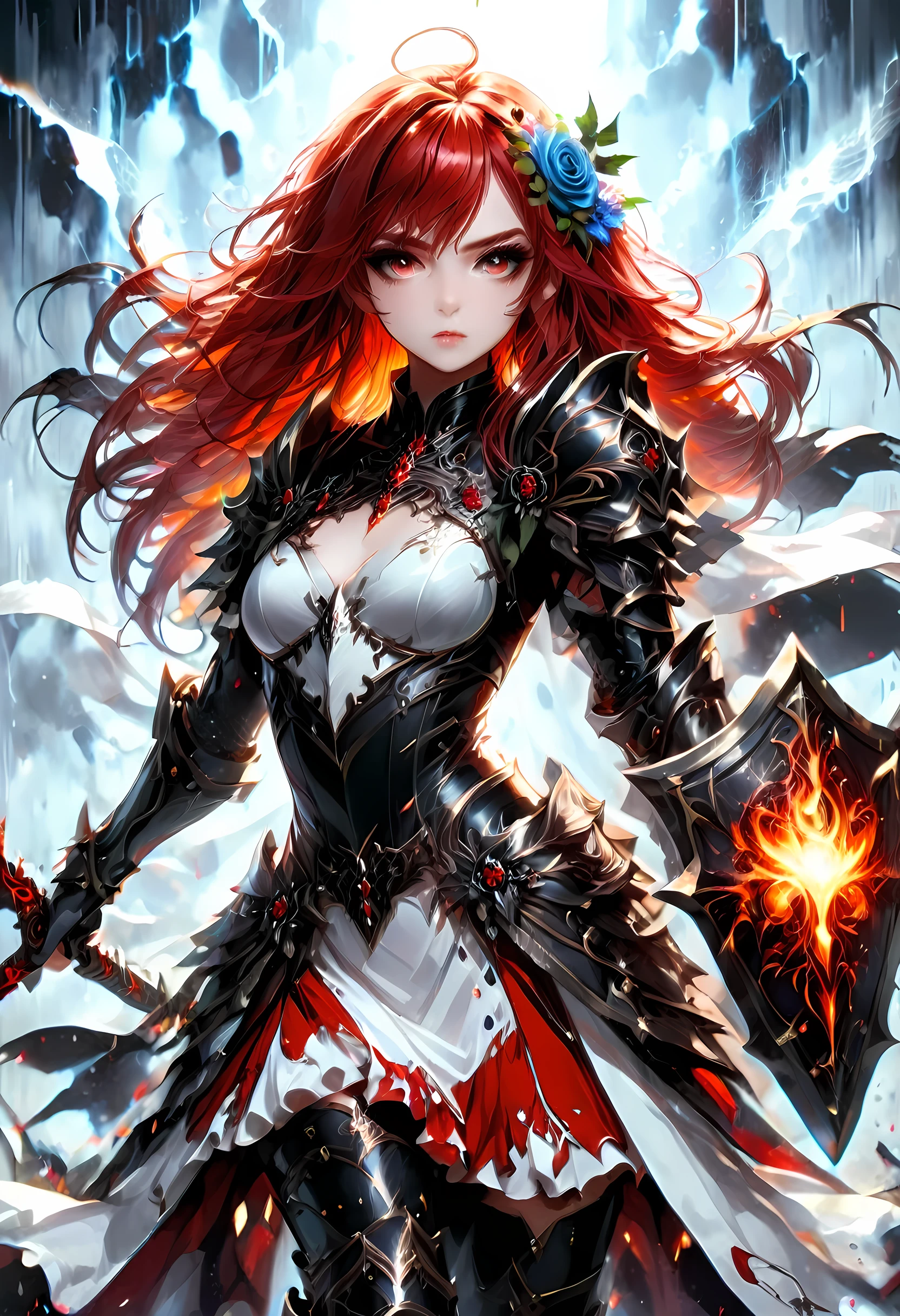 Arafed, action shot, Dark fantasy art, fantasy art, goth art, a picture of a female vampire, exquisite beauty, full body shot, dark glamour shot, pale white skin, red hair, long hair, wavy hair, dynamic eyes color eyes, glowing eyes, she wears a ((white: 1.3)) white tight suit, Armored Dress, she holds a sword in hand, (ready for battle: 1.4) , ((black roses: 1.5)) are imprinted on the suit,  high heels, dark castle, dark, black and color, Dark Art Painting Style, flower dress, dark novel, flower dress