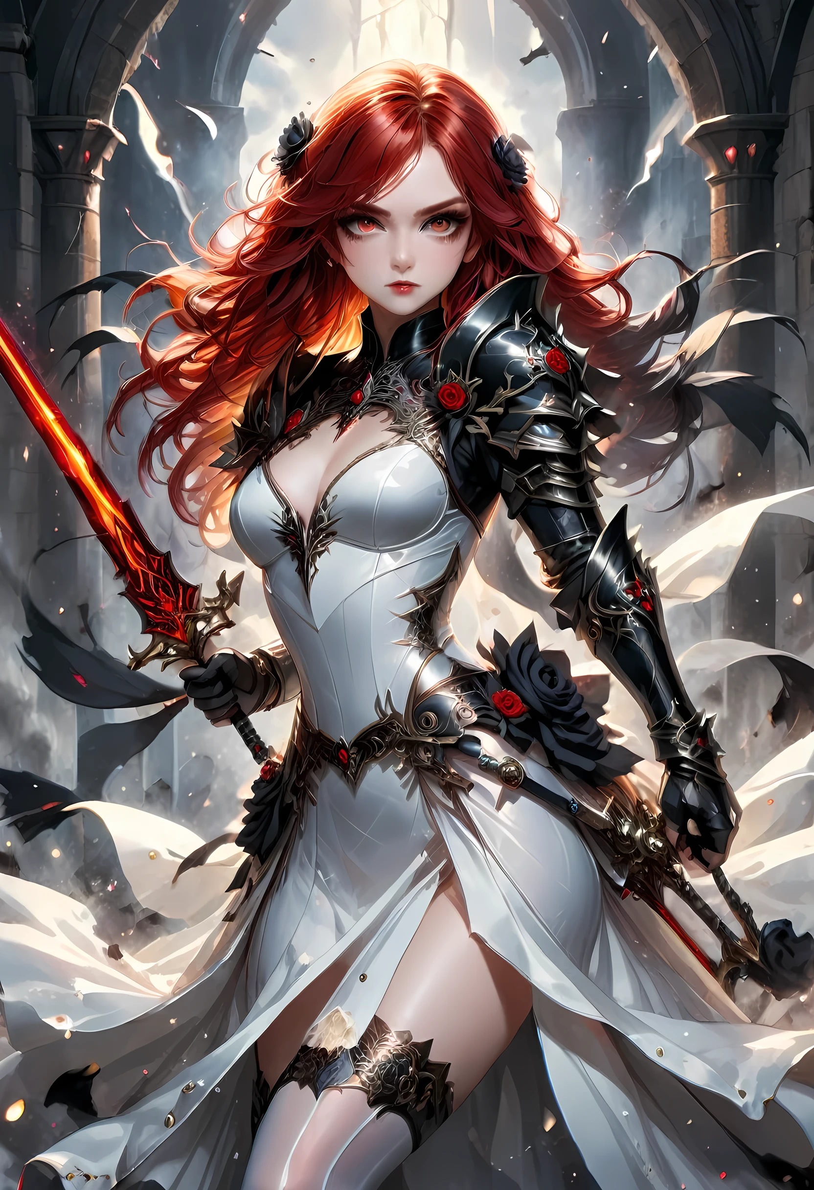 Arafed, action shot, Dark fantasy art, fantasy art, goth art, a picture of a female vampire, exquisite beauty, full body shot, dark glamour shot, pale white skin, red hair, long hair, wavy hair, dynamic eyes color eyes, glowing eyes, she wears a ((white: 1.3)) white tight suit, Armored Dress, she holds a sword in hand, (ready for battle: 1.4) , ((black roses: 1.5)) are imprinted on the suit,  high heels, dark castle, dark, black and color, Dark Art Painting Style, flower dress, dark novel, flower dress