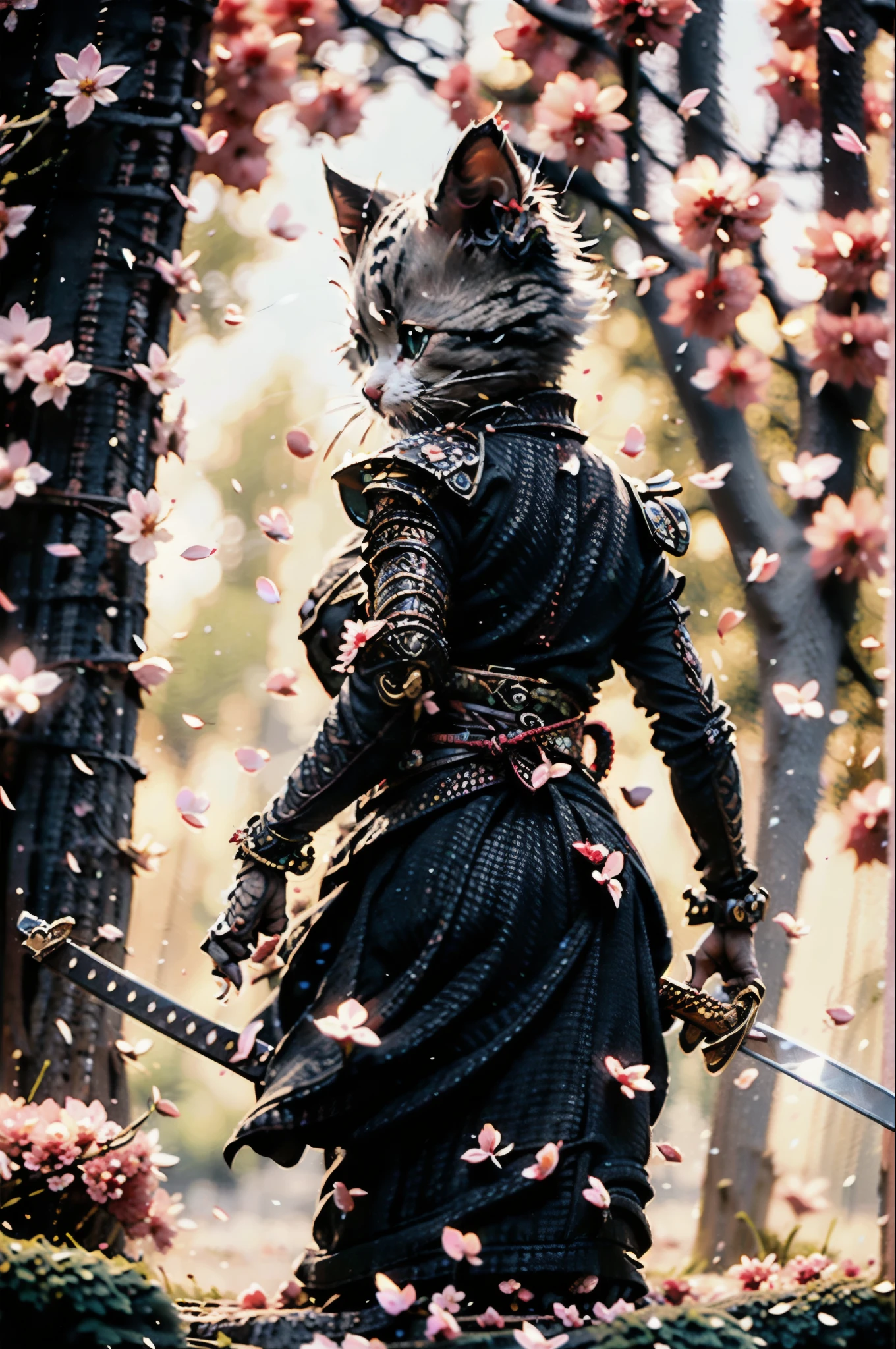 highest quality, masterpiece, Ultra-high resolution, RAW Photos, beautifully、aesthetic,Deep Shadow, Dark Theme,(Realistic:1.4), 
White kitten, Japan samurai armor, Holding a sword, ((Chiaroscuro, Backlight, sunset, Petals float)), 
Graceful posture, An inspiring atmosphere, A magnetic being, Sophisticated Seduction, Fascinating Mystery,
Intricate Zentangle Patterns, One Woman, Incredible level of detail, generously given, Impressive viewpoint, a chaotic masterpiece, Elegantly poised, Vibrant color palette, ((Outdoor)), Inspired by futuristic architecture