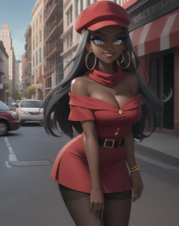 masterpiece, best quality, (Detailed face:1.2), (Detailed eyes:1.2), solo, 1girl, nessacasual, dark skin, makeup, smile, medium breasts, grey cabbie hat, red shirt, off shoulder, collarbone exposed, cleavage, red scarf, black short skirt, pantyhose, hoop earrings, black high-heels, hoop earrings, outdoors, city street
