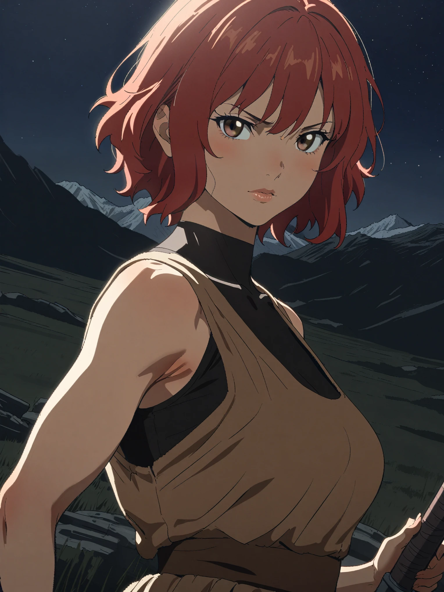 {{portrait, dutch angle}} {{Artist: Sincos}} 1girl, solo, toned female, mature female, medium breasts, red hair, short hair, brown eyes, lips, leather armor, black undershirt, sleeveless, neutral face, outdoors, mountain, looking at viewer, standing, holding sword, night, medieval fantasy.