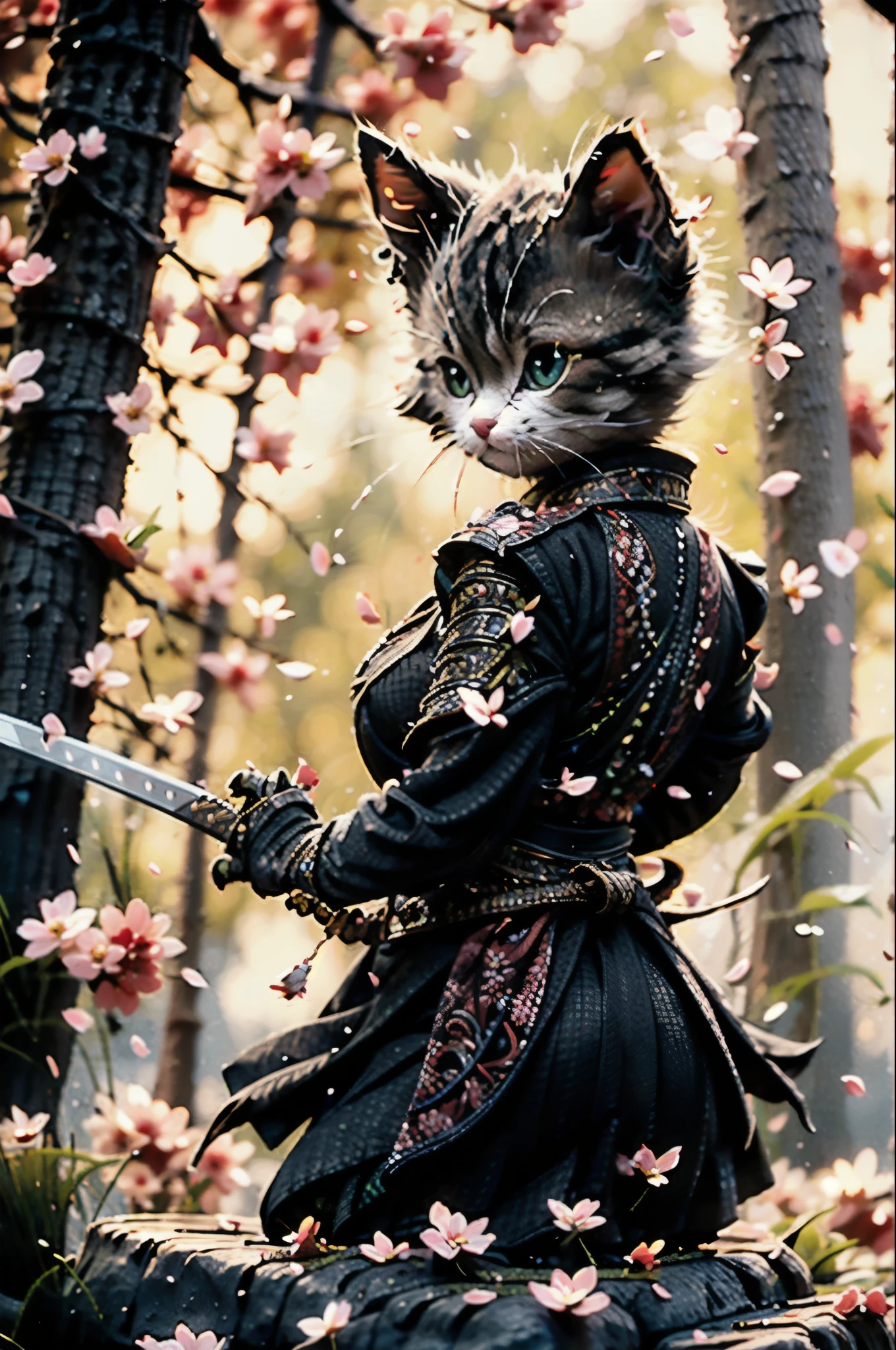 highest quality, masterpiece, Ultra-high resolution, RAW Photos, beautifully、aesthetic,Deep Shadow, Dark Theme,(Realistic:1.4), 
White kitten, Japan samurai armor, Holding a sword, ((Chiaroscuro, Backlight, sunset, Petals float)), 
Graceful posture, An inspiring atmosphere, A magnetic being, Sophisticated Seduction, Fascinating Mystery,
Intricate Zentangle Patterns, One Woman, Incredible level of detail, generously given, Impressive viewpoint, a chaotic masterpiece, Elegantly poised, Vibrant color palette, ((Outdoor)), Inspired by futuristic architecture