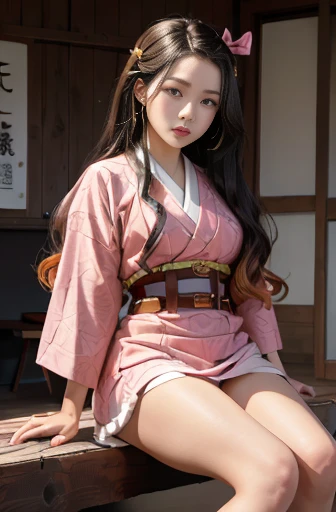 Masterpiece, Best Quality, High Resolution, Venus1, 1Girl, Solo, Tsuko Kamato, Bamboo, Gag, Hair (brown), Plaid Belt, Gag, Gag, Gradient Hair, Hair Ribbon, Haori, Japanese Clothing, Very Short Kimono, Long Hair, Looking at the Audience, Multicolored Hair, Pink Eyes, Very Short Pink Kimono, Pink Ribbon, Ribbon, Solo, (((Masterpiece)), Forehead, Sitting, Cute puffing cheeks, Angry, Eyes wide, hips very wide, thighs very thick