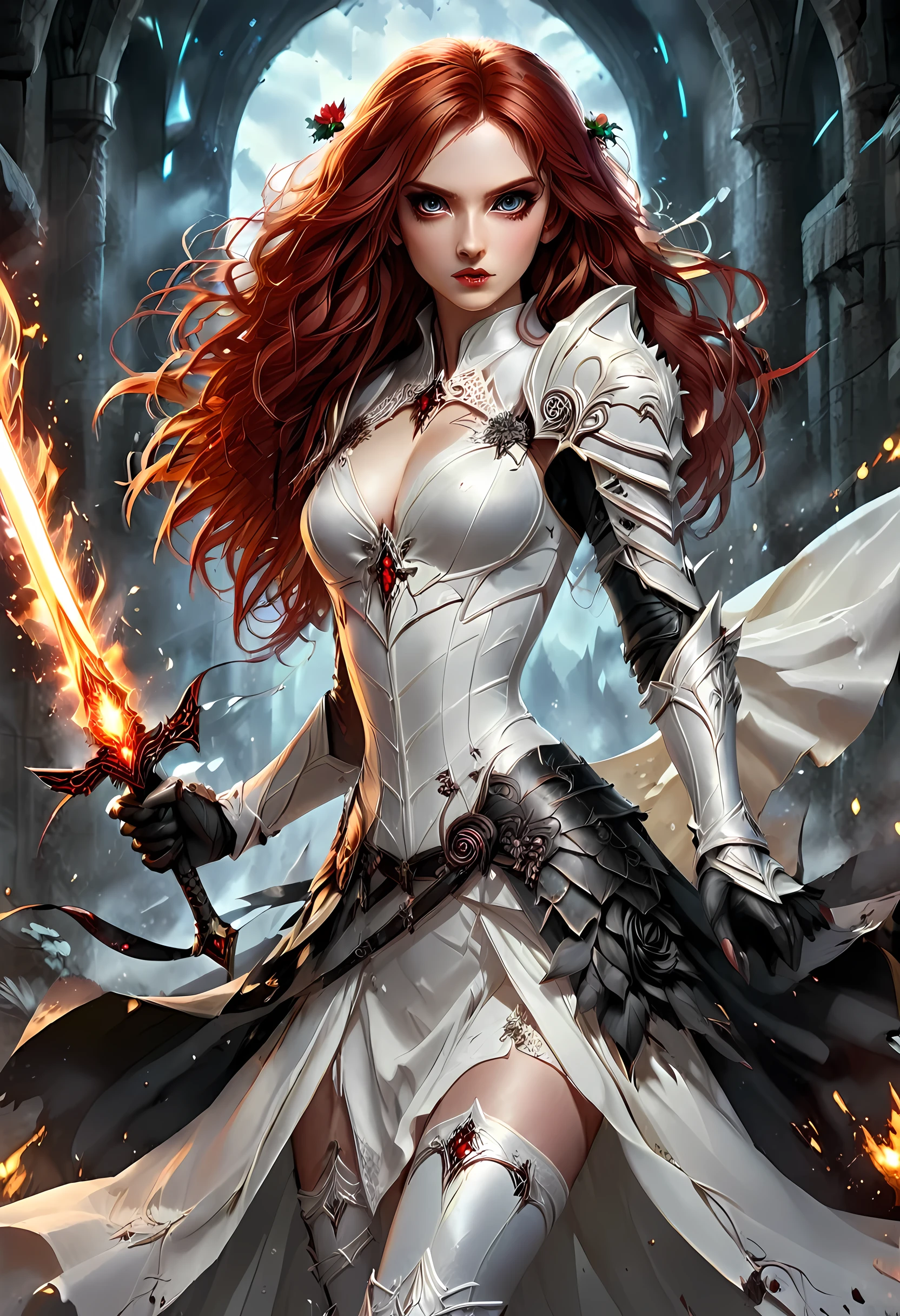 Arafed, action shot, Dark fantasy art, fantasy art, goth art, a picture of a female vampire, exquisite beauty, full body shot, dark glamour shot, pale white skin, red hair, long hair, wavy hair, dynamic eyes color eyes, glowing eyes, she wears a ((white: 1.3)) white tight suit, Armored Dress, she holds a sword in hand, (ready for battle: 1.4) , ((black roses: 1.5)) are imprinted on the suit, high heels, dark castle, dark, black and color, Dark Art Painting Style, flower dress, dark novel, flower dress