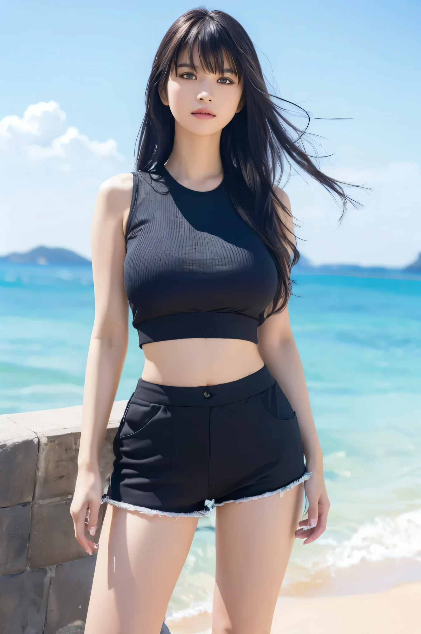 a detailed, highly detailed, masterpiece portrait of 1 girl with black wavy long hair and bangs, wearing a sleeveless shirt, shorts, and sneakers, standing by the sea, ultra-detailed, (best quality,4k,8k,highres,masterpiece:1.2),ultra-detailed,(realistic,photorealistic,photo-realistic:1.37),HDR,UHD,studio lighting,ultra-fine painting,sharp focus,physically-based rendering,extreme detail description,professional,vivid colors,bokeh,portrait