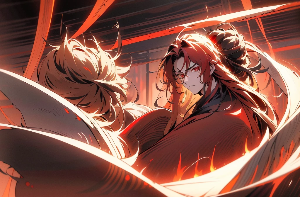 a drawing of a man with long hair ,flowing hair and long robes, with red glowing eyes, inspired by Sōami, ufotable art style, inspired by Ryūkōsai Jokei, rurouni kenshin, red eyes glowing, ninja scroll anime style