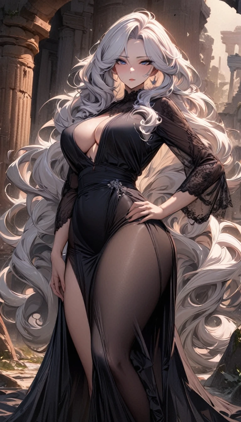 Masterpiece, very detailed, ultra detailed, one, (1 woman), she is in a simple black dress and in an elegant position, super mature, tall, milf style, mature mother, super long hair, bright white hair, super white hair and curly hair, beautiful, charming, dark blue eyes, super blue eyes, dark eyes, elegant, medium breasts (huge), neutral face, cold-blooded face, charming, bright background, valiant environment, against the background of ancient ruins.