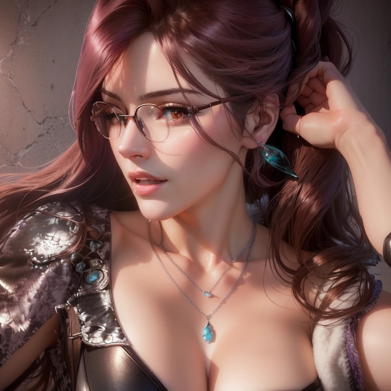 there is a woman with glasses and a bra top posing for a picture, realistic fantasy render, 8k portrait render, render of april, photorealistic anime girl render, render of mirabel madrigal, hyper-realistic render, hyper - realistic render, aerith gainsborough, beautiful aerith gainsborough, portrait of tifa lockhart, hyper - realistic lighting