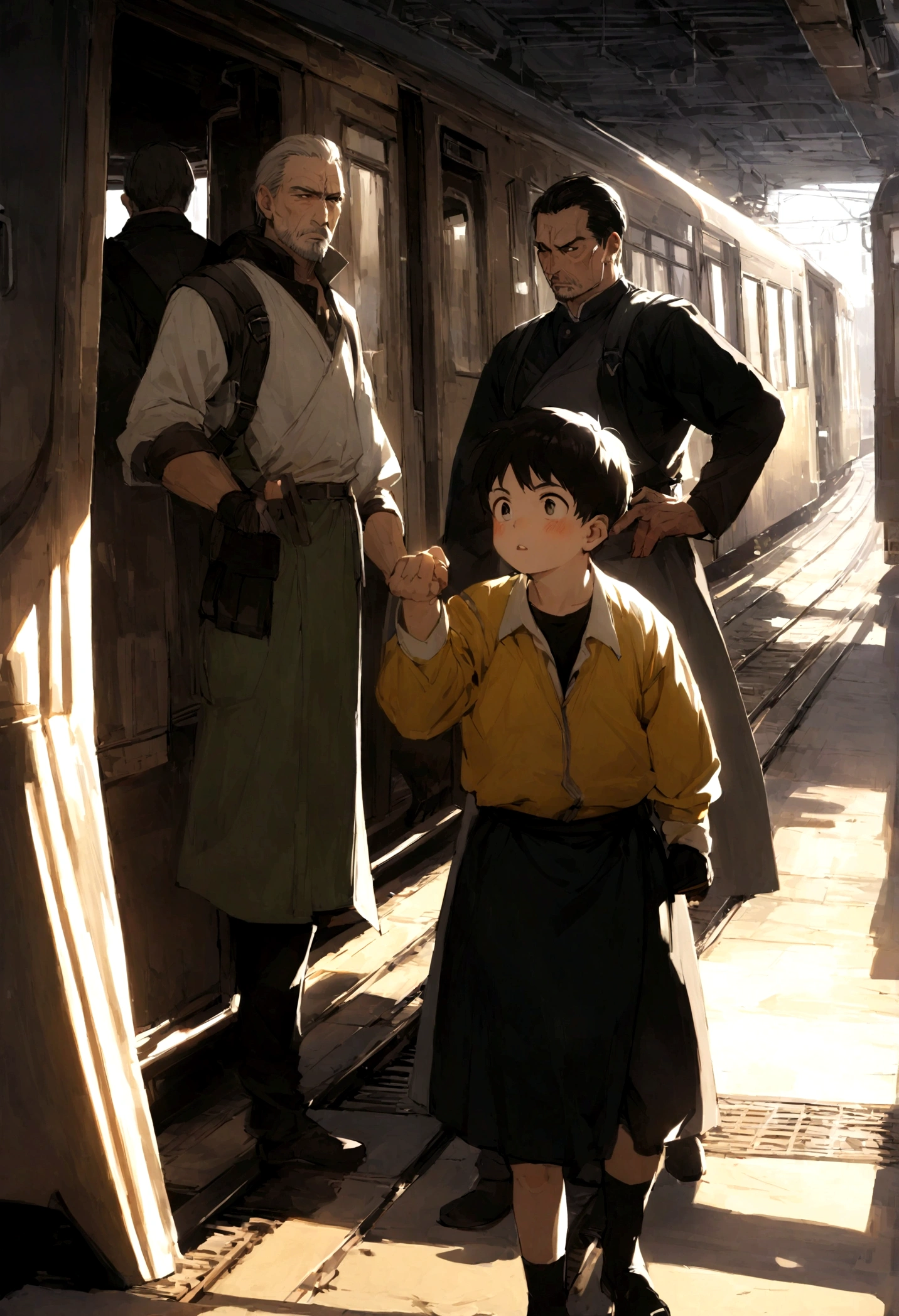 Man being motivated by his father, both in an 80's film setting with fighter-style clothes training in a train line setting, son and father around 25 to 30 years old