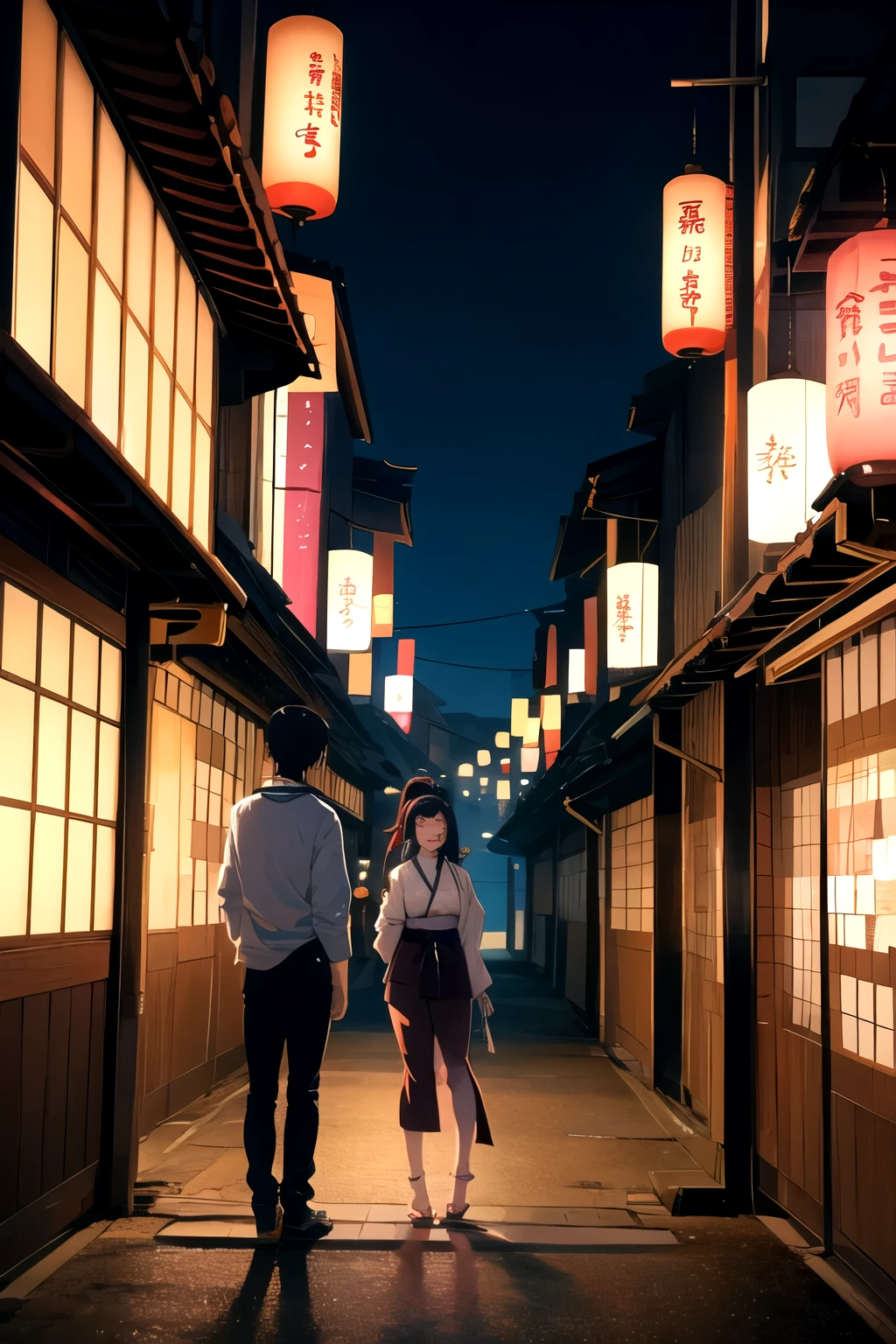 A painting of a couple standing on a bridge in front of a building, cidades chinesas de sonho, City of Japan, cidade japonesa, Estilo de arte japonesa, japanese city at night, Japanese center, arte de fundo de anime, arte conceitual japonesa tradicional, cidade kitsune colorida, cyberpunk japanese temple, lindas cenas de anime, papel de parede de arte de anime 4k, Papel de parede de arte anime 4k, Rosla Global Illumination