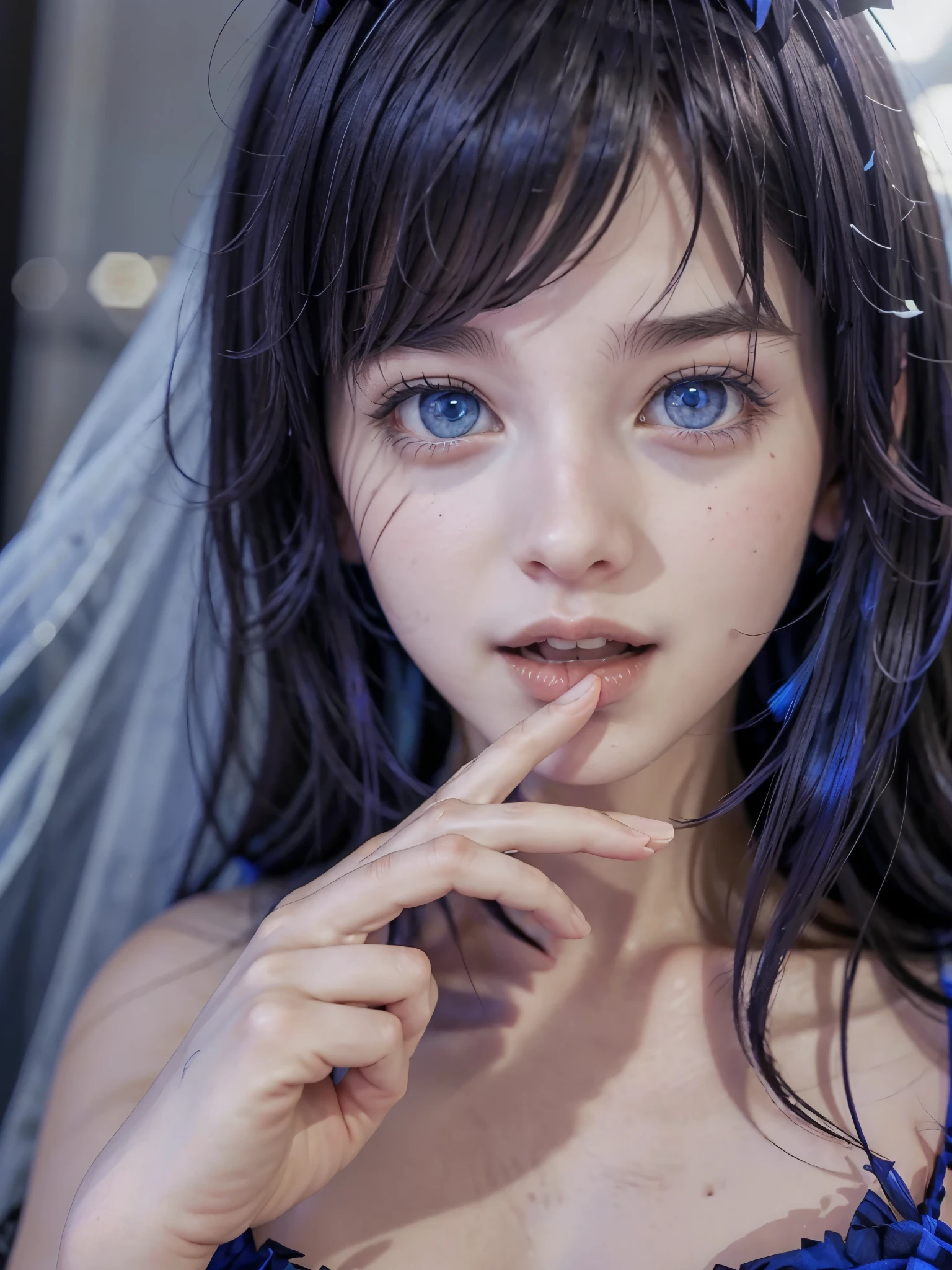 Hot girl, blue hair, blue eyes, wedding dress, licking your own fingers