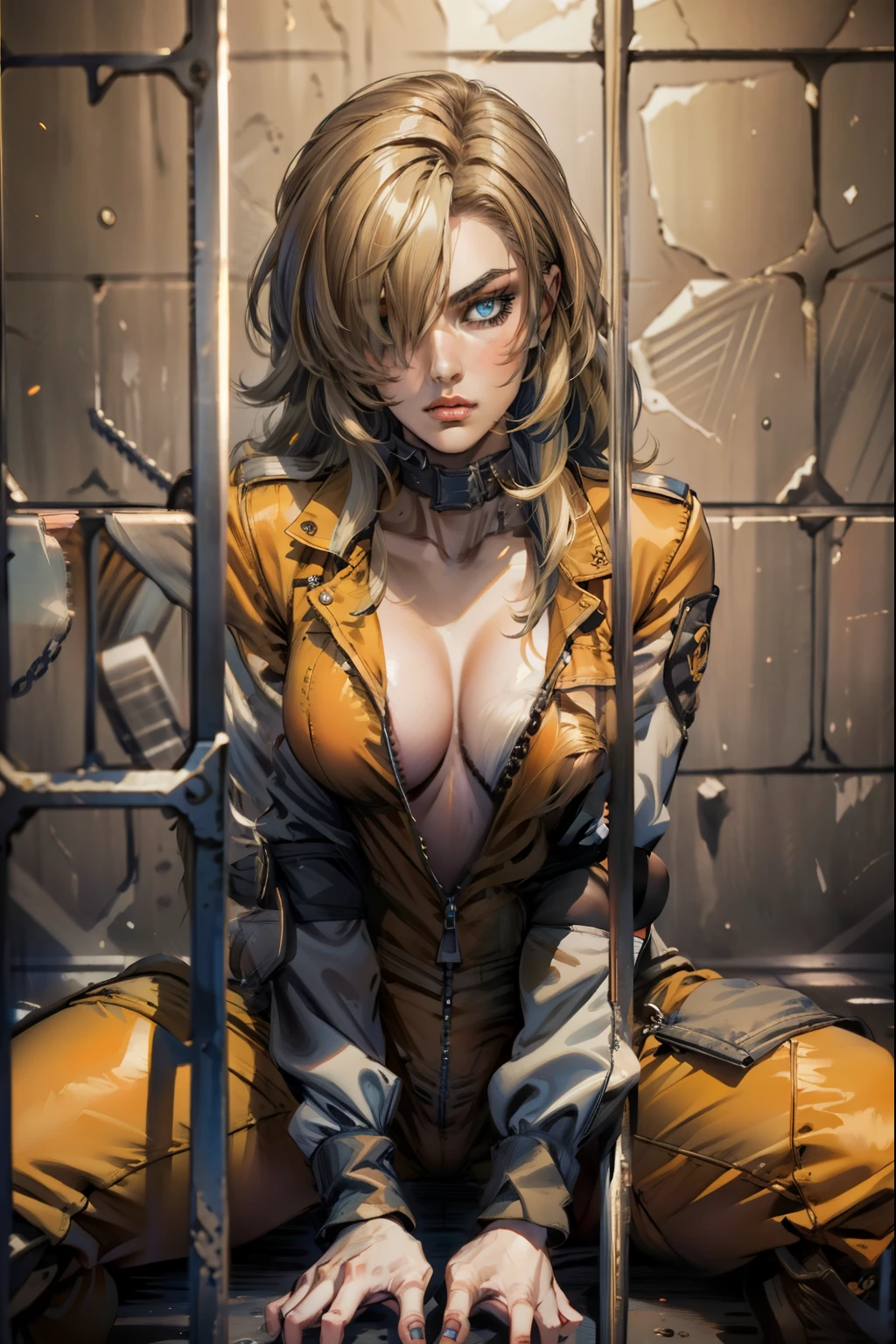 in_prison, (masterpiece, best quality:1.2), solo, 1girl, hair over one eye, blue eyes, cleavage, Neutral expression, Prison jumpsuit (orange), Sitting neutral pose,