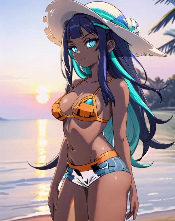 (masterpiece, best quality), (Detailed face:1.2), (Detailed eyes:1.2), 1girl, nessaswim, nessarnd, nessaholiday, dark skin, aqua eyes, long hair, black hair, blue hair, aqua hair, multicolored hair, two-tone hair, hair bun, single hair bun, eyeshadow, slim feminine figure, arrogant smile, medium breasts, sunhat, orange bikini bra, denim short-shorts, white high-heels, standing, cowboy shot, cinematic composition, (Background: outdoors, dusk, sunset, beach resort)