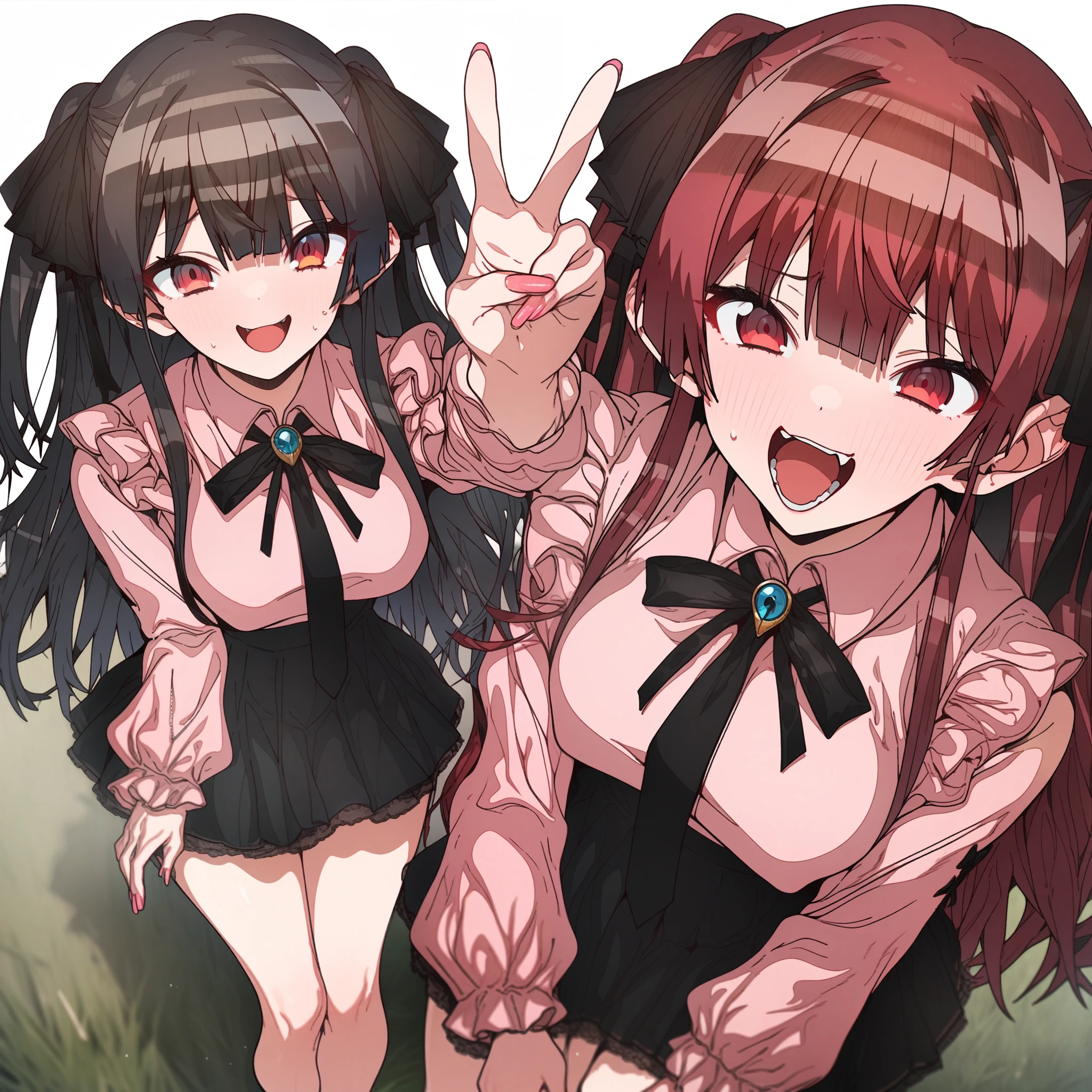houshou_marine, Artist, erere, Copyrights, idolmaster, idolmaster_shiny_colors, Character, General, 1girl, black_hair, black_necktie, black_ribbon, black_skirt, blunt_bangs, blush, breasts, v, brown_eyes, censored, frilled_sleeves, frills, jirai_kei, long_hair, long_sleeves, medium_breasts, miniskirt, neck_ribbon, necktie, open_mouth, pink_nails, pink_shirt, raised_eyebrow, ribbon, shirt, skirt, sweatdrop, teeth, two_side_up, upper_teeth_only, zipper_skirt, full_body, standing, white_backgroud, looking_at_viewer, facing_viewer, masterpiece, best_quality, great_quality, girl, legs, ground, grass, sky:0.5, from below