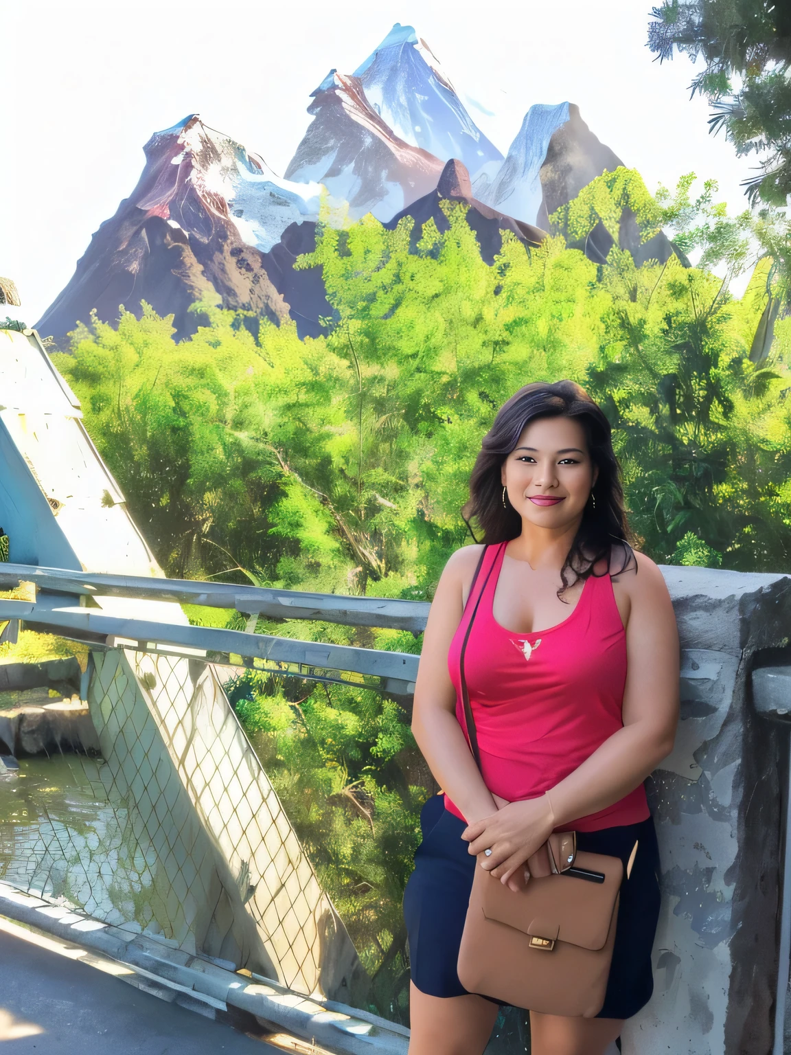 woman standing on a bridge with a mountain in the background ((Mont Everest, Animal Kingdom - Disney Orlado), animal kingdom, with mountains in the background, with mountains in the background, with mountains in the background, USA-September 20, photo taken in 2016, in the Animal Kingdom adventure - Orlando, Disneyland as a backdrop, mountain in the background, with a volcano in the background, vacation photo, mountains in the background, Animal Kingdom, full body photo, full body, body. entire - front photo
The Brazilian woman is wearing formal clothes, a red tank top and dark blue shorts, holding a brown notebook in front of her.
A beautiful Brazilian woman, with white skin, dark brown hair. She is about 45 years old, 165 cm tall and weighs 56 kg. Her body exudes glamor and her face is a definition of beauty. Slender body, thin waist. Highly realistic, hyperrealism, very elaborate skin. Clear photo, high resolution, high quality, masterpiece, 16K photo, high contrast, masterpiece, NUDE, NUDITY, NFSW.