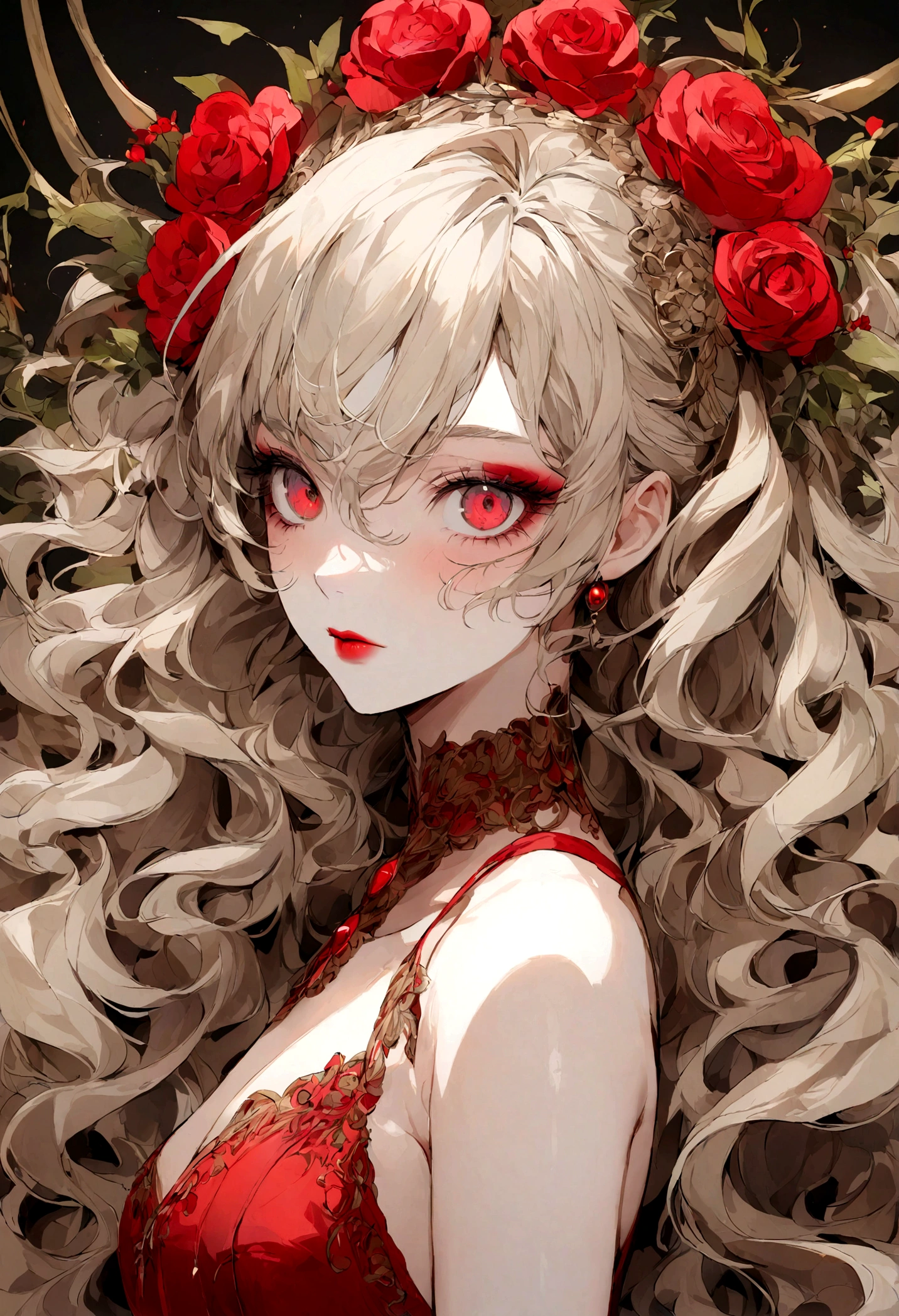 femme de 19 ans, long brown slightly curly hair, yeux bleus, visage parfait, professional makeup like model, C et portant un string rouge, vu sur l'arrière de son corps