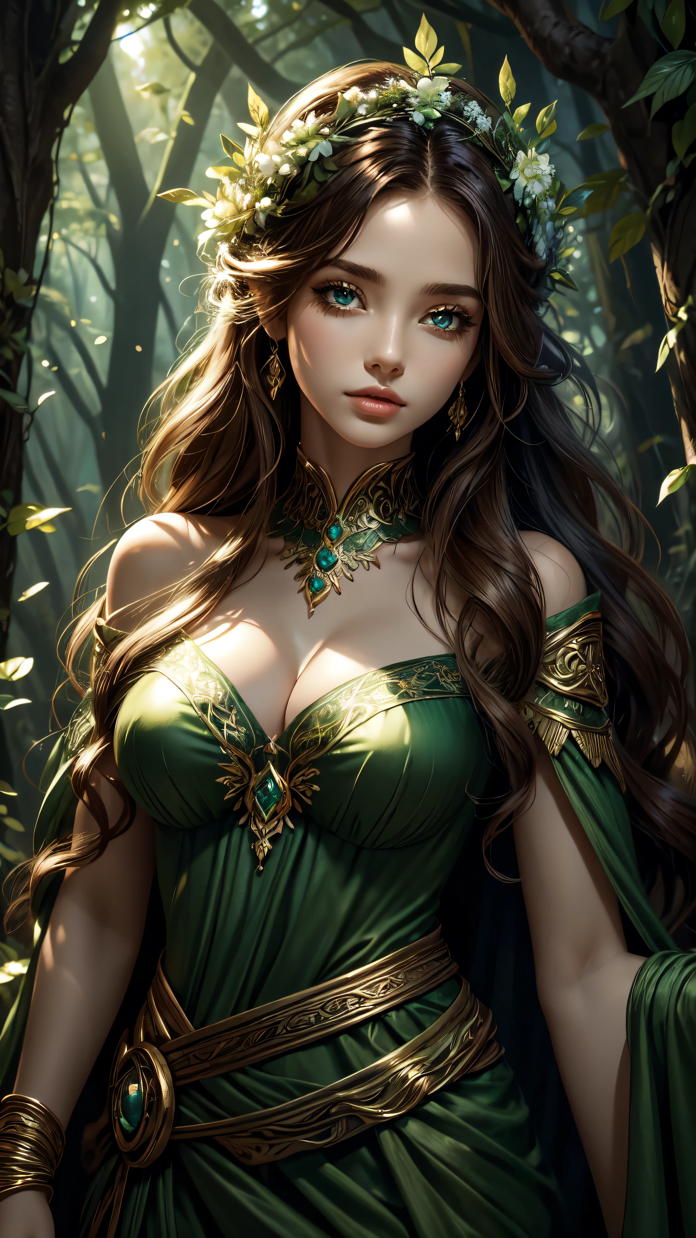 Uma mulher ruiva, vestido verde elegante, segurando uma flor, persephone in spring, fey queen of the summer forest, Deusa da Primavera, deusa flor, goddess of summer, Deusa da Natureza, the goddess of summer, elfa vestindo um terno da flor, estilo de arte de fantasia, Deusa da Floresta, flora humanoide, Deusa grega, persephone, Dryad elegante e bonita, elegante e bonita, obra-prima, melhor qualidade, (papel de parede CG unity 8k extremamente detalhado), (melhor qualidade), (best illustration), (melhor sombra), Absurdo, fantasia, mistic, mythological, flores, arte epica, Poses gloriosas, lindo brilho detalhado, brilho luminoso de fundo, detalhes insano, elf girl, detailed eyes, detailed face, detailed hands