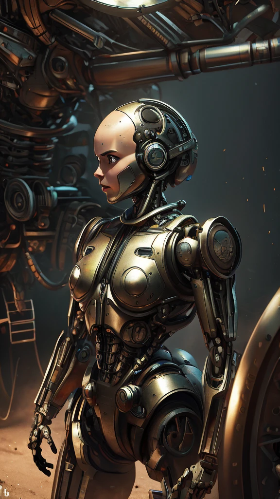 A bald cyborg Emma Watson, with loose wires, metallic skin, hoses, exposed torso, androidperson, mark brooks, david mann, robot brain, made of steel, hyperrealism, post-apocalyptic, mechanical parts, joints, mecha, j_sci-fi