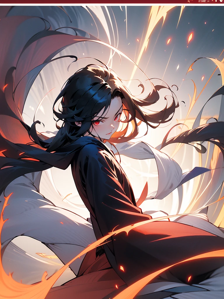 background, flowing hair and long robes, with red glowing eyes, inspired by Sōami, ufotable art style, inspired by Ryūkōsai Jokei, rurouni kenshin, red eyes glowing, ninja scroll anime style