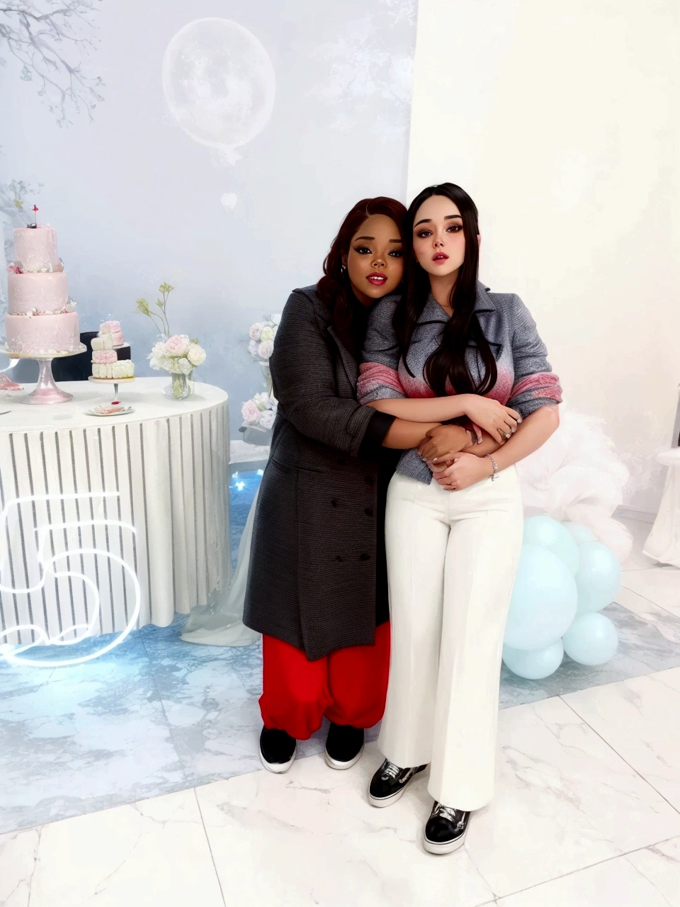 A lady in gray coat and red pants, a 14-year-old girl in a party setting