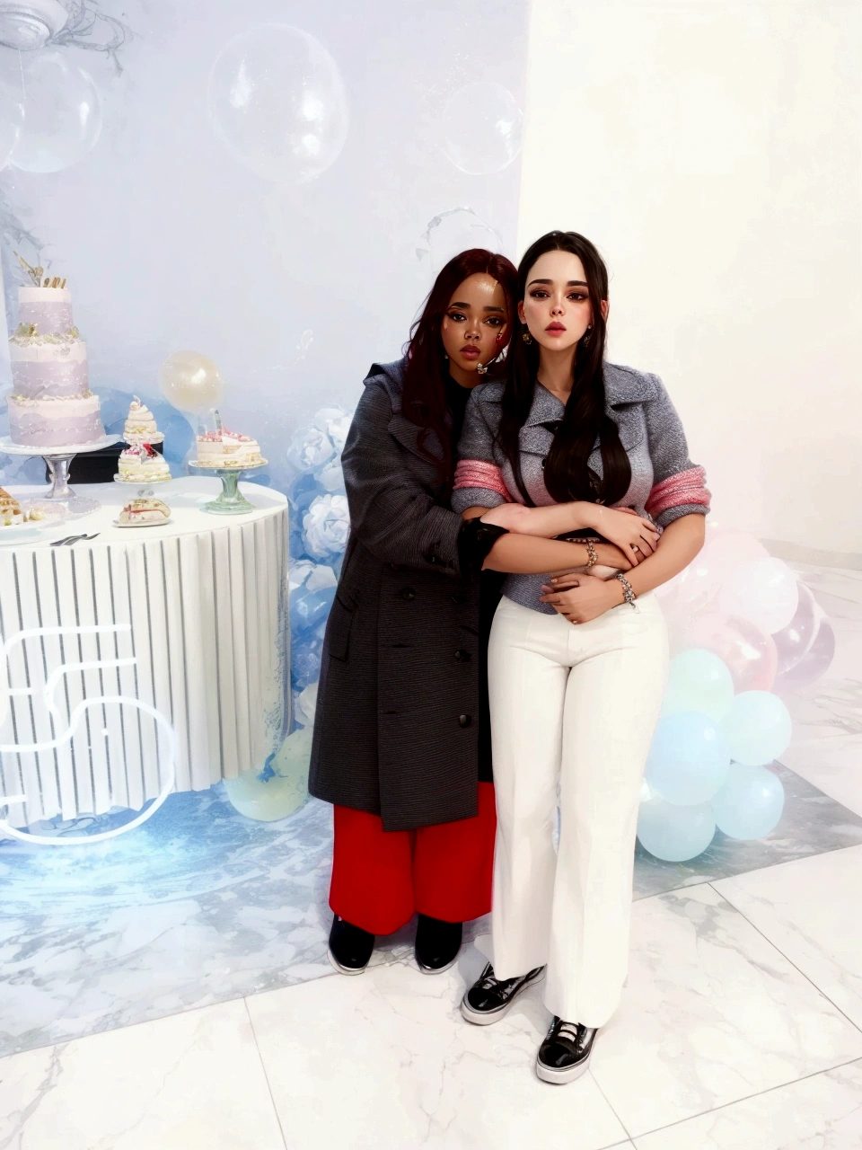 A lady in gray coat and red pants, a 14-year-old girl in a party setting
