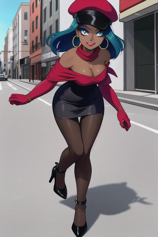 masterpiece, best quality, (Detailed face:1.2), (Detailed eyes:1.2), solo, 1girl, nessacasual, dark skin, makeup, smile, medium breasts, grey cabbie hat, red shirt, off shoulder, collarbone exposed, cleavage, red scarf, black short skirt, pantyhose, hoop earrings, black high-heels, hoop earrings, outdoors, city street
