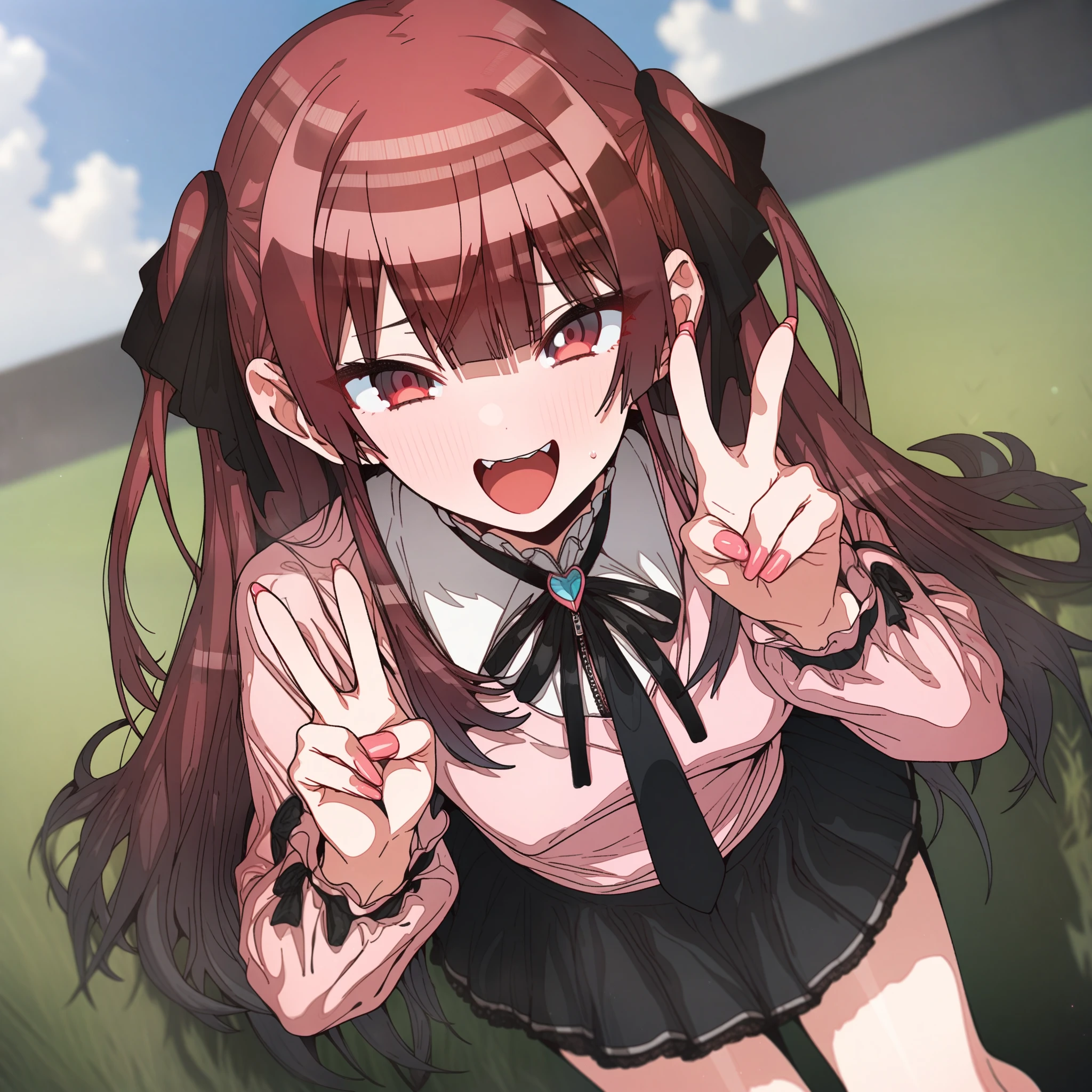 houshou_marine, Artist, erere, Copyrights, idolmaster, idolmaster_shiny_colors, Character, General, 1girl, black_hair, black_necktie, black_ribbon, black_skirt, blunt_bangs, blush, breasts, v, brown_eyes, censored, frilled_sleeves, frills, jirai_kei, long_hair, long_sleeves, medium_breasts, miniskirt, neck_ribbon, necktie, open_mouth, pink_nails, pink_shirt, raised_eyebrow, ribbon, shirt, skirt, sweatdrop, teeth, two_side_up, upper_teeth_only, zipper_skirt, full_body, standing, white_backgroud, looking_at_viewer, facing_viewer, masterpiece, best_quality, great_quality, girl, legs, ground, grass, sky:1, clouds, from below, solo:1.1