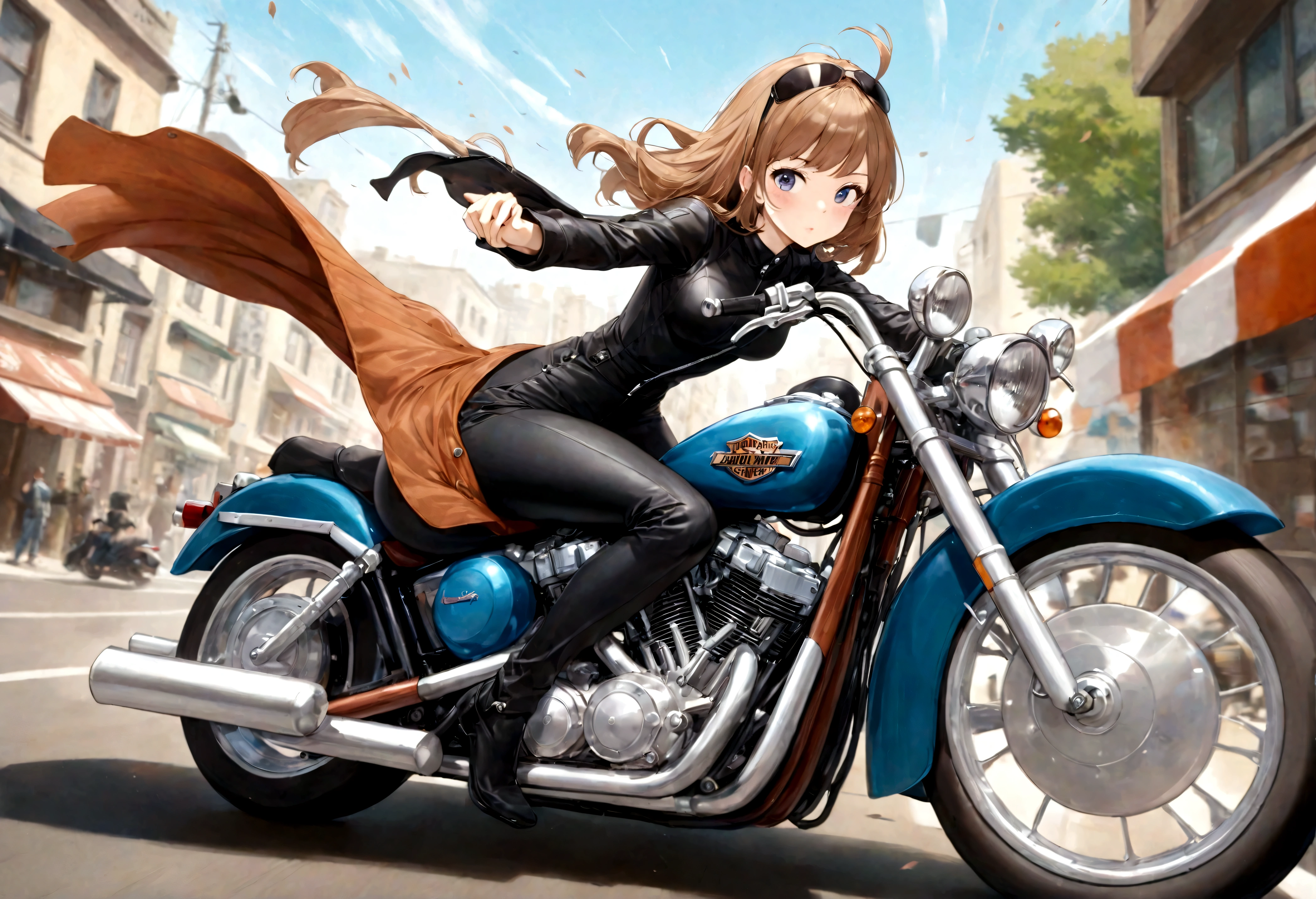 best quality, super fine, 16k, incredibly absurdres, extremely detailed, delicate and dynamic, Fujiko Mine, beautiful woman with perfect facial features, character from the anime Lupin III, riding a Harley Davidson, wind, wind effect, motion blur, wearing a fitted motorcycle leather jumpsuit, memorial art works