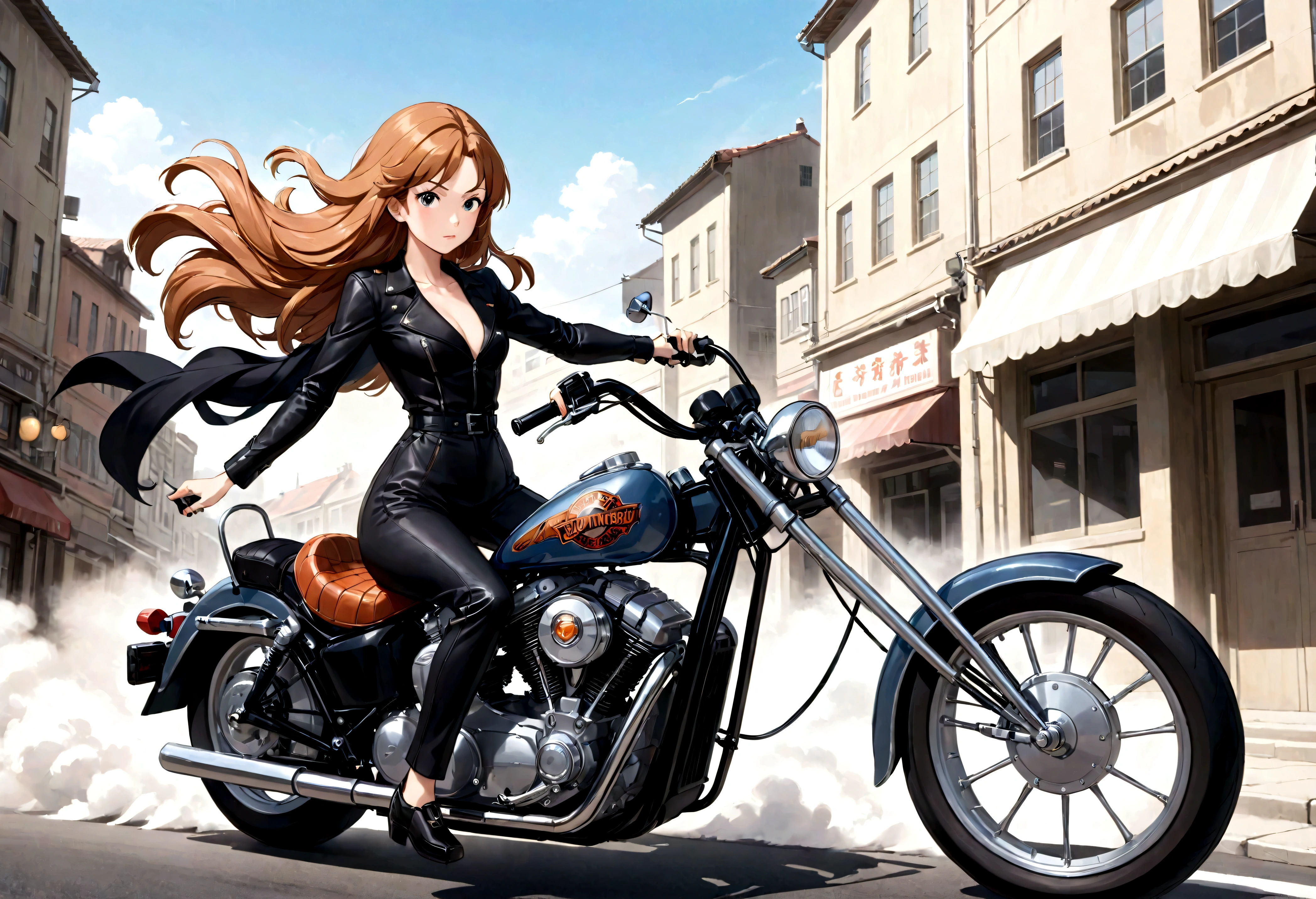 best quality, super fine, 16k, incredibly absurdres, extremely detailed, delicate and dynamic, Fujiko Mine, beautiful woman with perfect facial features, character from the anime Lupin III, riding a Harley Davidson, wind, wind effect, motion blur, wearing a fitted motorcycle leather jumpsuit, memorial art works