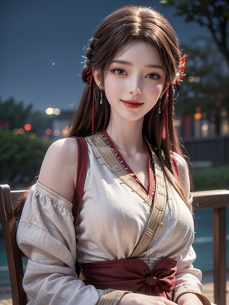 (girl,day view,close shot),(illustration,),(pretty,long hair),(sparkling stars,moonlight),(best quality,Super fine details),(romantic,colorful),(soft light,soft shine),(No revealing clothing)，open the shoulders，Symmetrical charming eyes,big smile,white skin,sit on chair view,