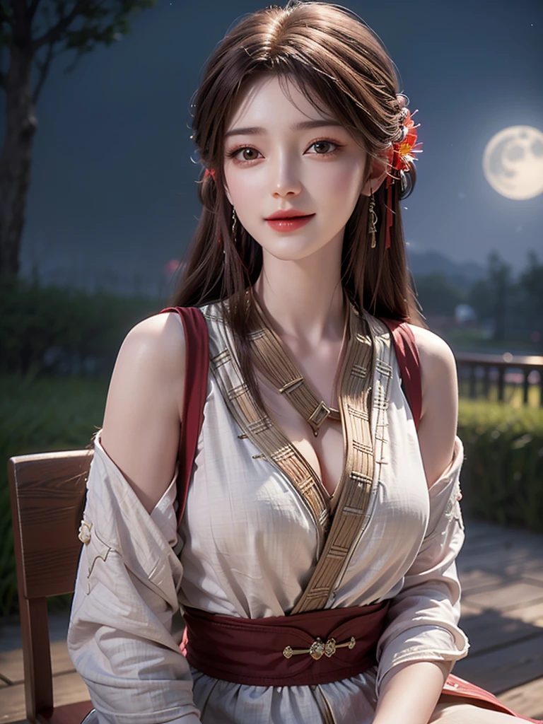 (girl,day view,close shot),(illustration,),(pretty,long hair),(sparkling stars,moonlight),(best quality,Super fine details),(romantic,colorful),(soft light,soft shine),(No revealing clothing),open the shoulders,Symmetrical charming eyes,big smile,white skin,sit on chair view,