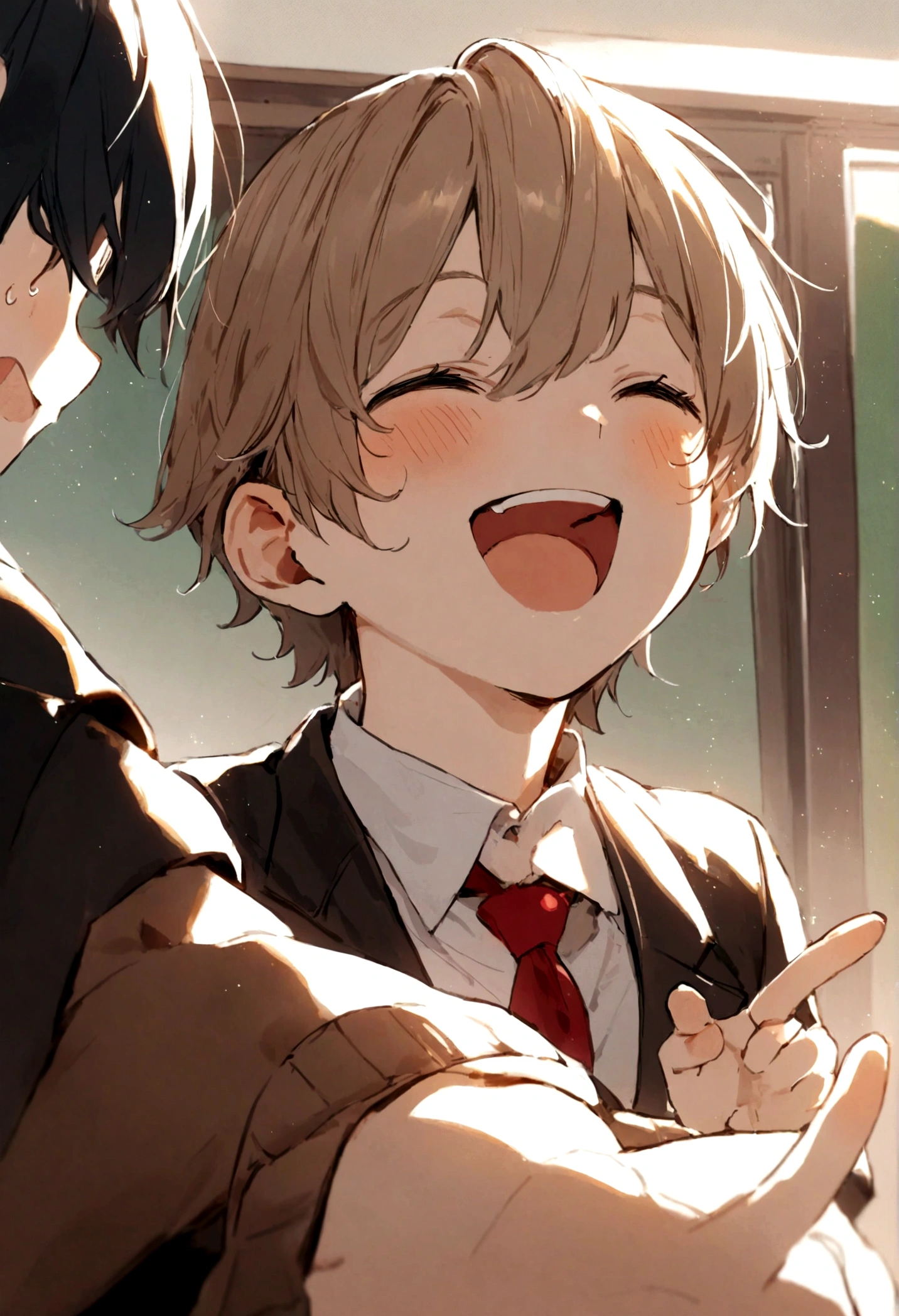 9 years old boys in the classroom laughing at each other, ((cute))