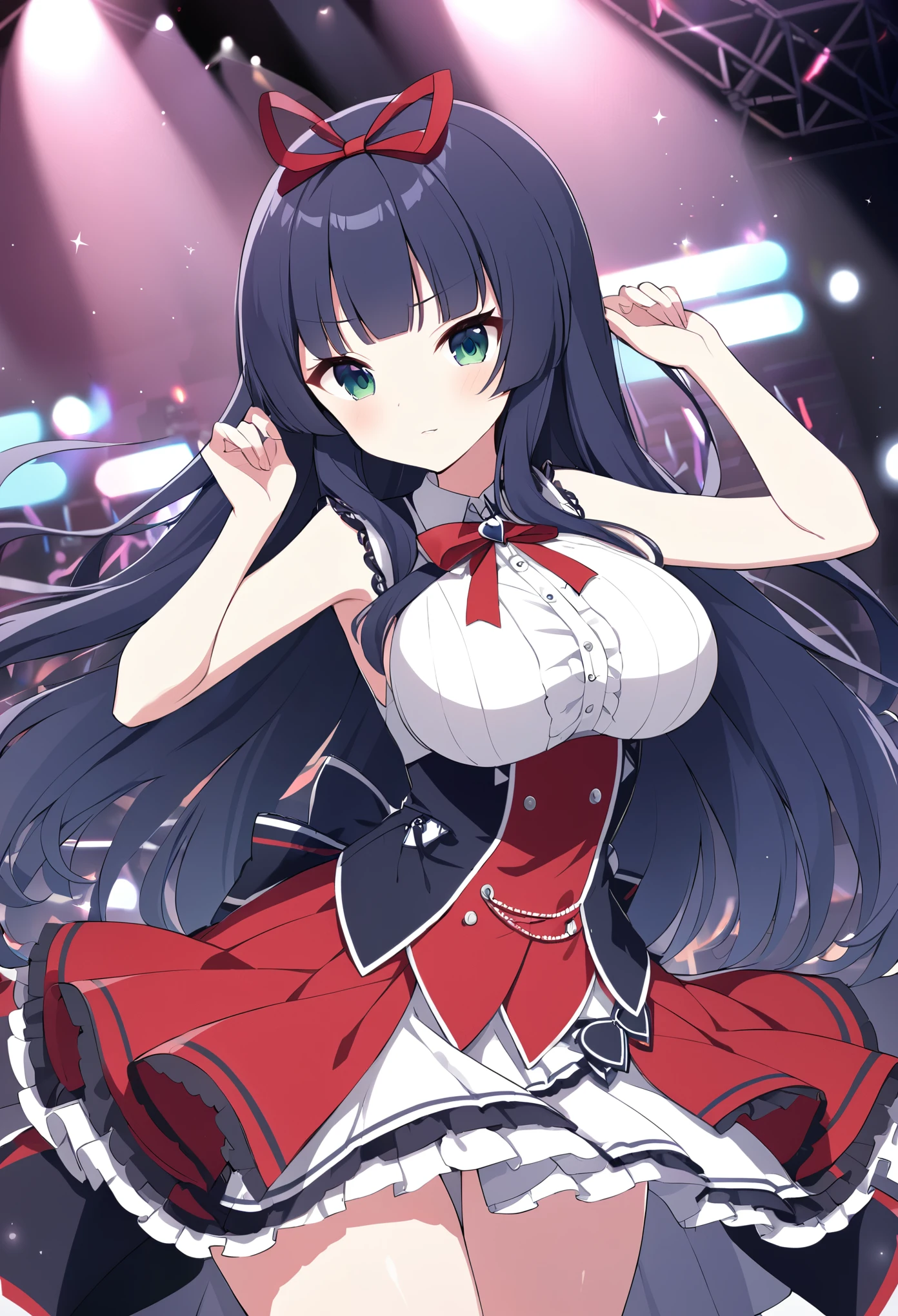 TendoMachi, dark blue hair, long hair, hime cut, red ribbon, green eyes, ,large breasts,, Live Stage, solo,