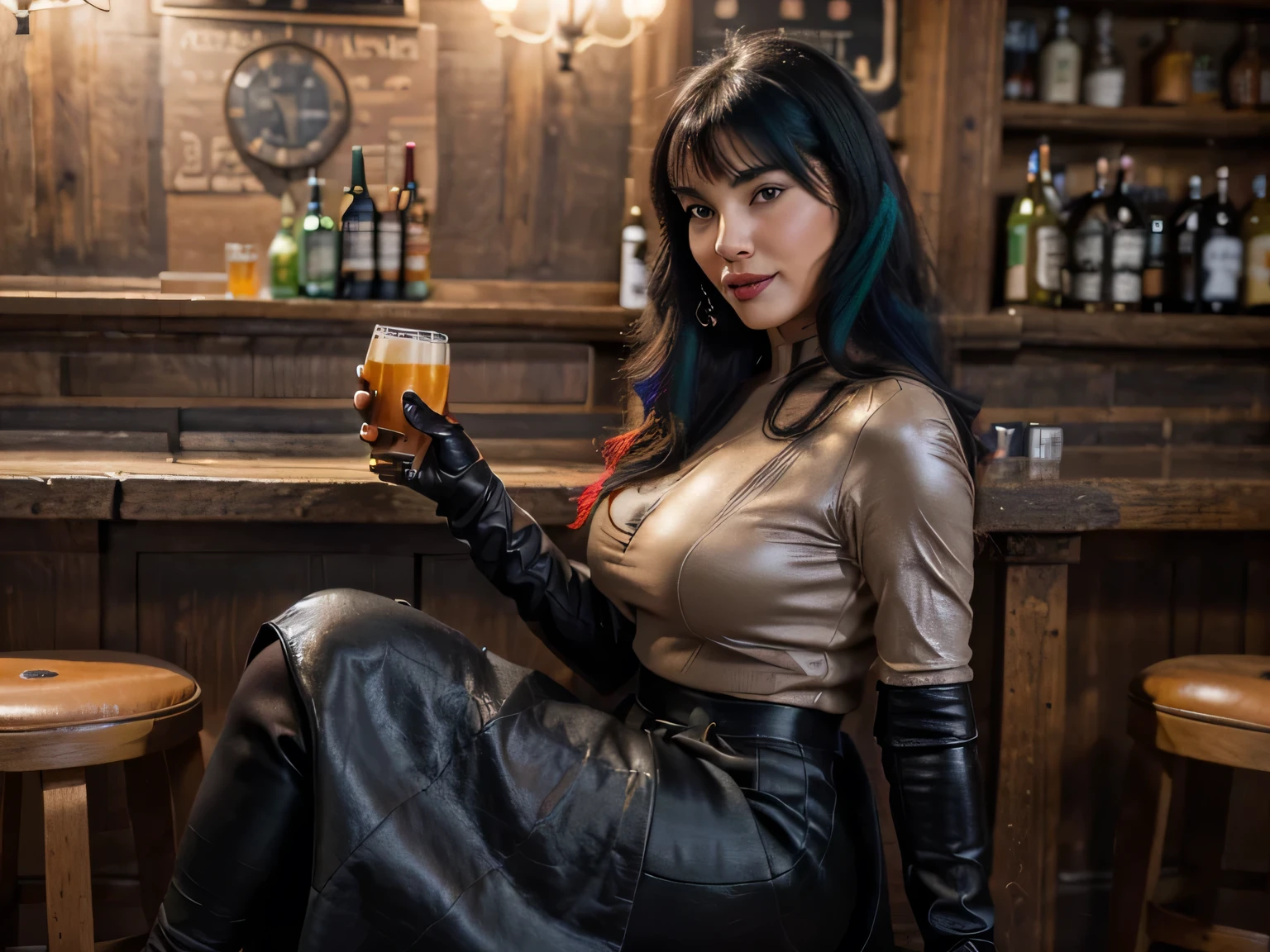 proFessional portrait photograph oF a gorgeous Smiling Bettie page  girl in winter clothing with long wavy Black hair, black long maxi-skirt(black long maxi-skirt:1.2),sultry Flirty look, gorgeous symmetrical Face, joli maquillage naturel, wearing elegant warm winter Fashion clothing, ((black leather gloves )) ((sitting on a stool inside an english pub drinking a beer)), bag on her shoulders, ultra realistic, art conceptuel, elegant, Very detailed, complexe, sharp Focus, depth oF Field, F/1. 8, 85mm, Coup moyen, midplane, (((proFessionally color graded))), bright soFt diFFused light, (volumetric Fog), tendance sur Instagram, hdr 4k, 8K