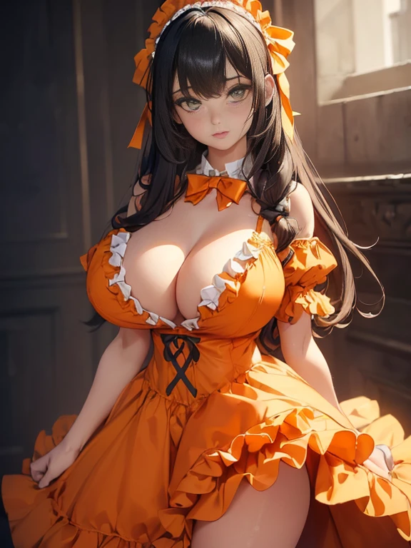 (8K, Best quality, tmasterpiece:1.2),\(eye detailed\),(\(Clothes detail details\)\),full bodyesbian,(huge tit),(Facial focus) ,Very detailed CG unity 8K wallpaper,hugefilesize,ultra - detailed,A high resolution,absurderes,beautidful eyes,Ray traching,dramatic shadow,finely detailled,Dramatic angles,Hyper-detailing,(1 girl:1.3),(Solo),,Mature female,Long hair black,Green eyes,Wearing(cosplaying_magical girl,very cute orange dress with ruffles,Large Ribbon Bow Tie Back), full body (NSFW breasts), hdri, extremely naked, nude, nua, pelada, nsfw, gigantic breast 1.9, face very intricate